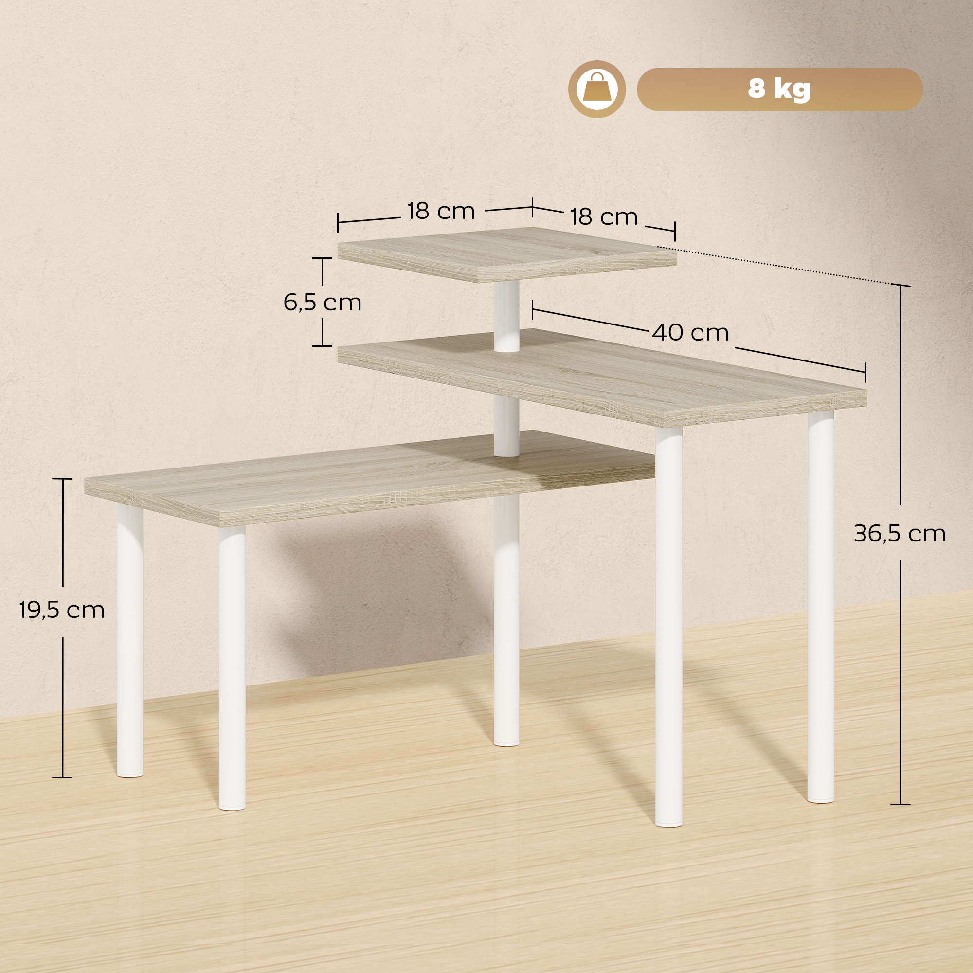 Estante de tres niveles con veta de madera y patas blancas, se muestran las dimensiones.