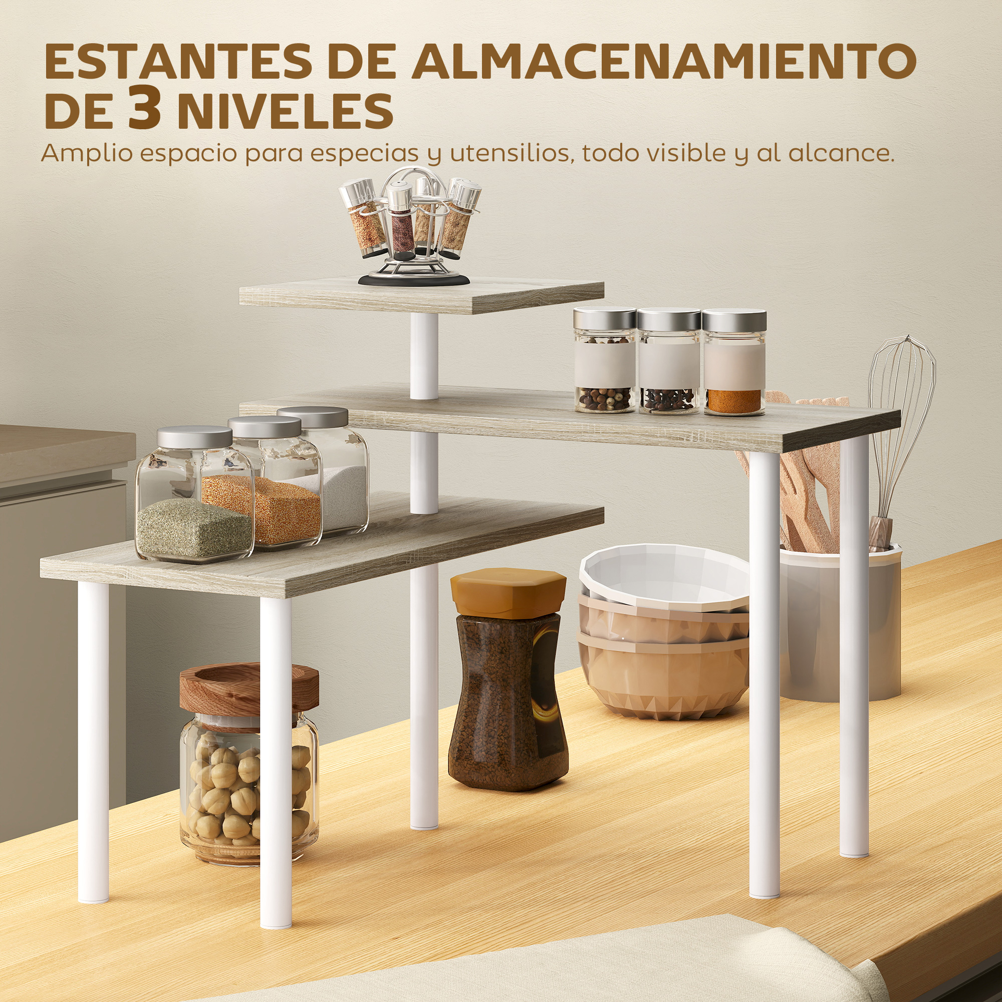 Un estante de 3 niveles con frascos de especias, café y utensilios de cocina.