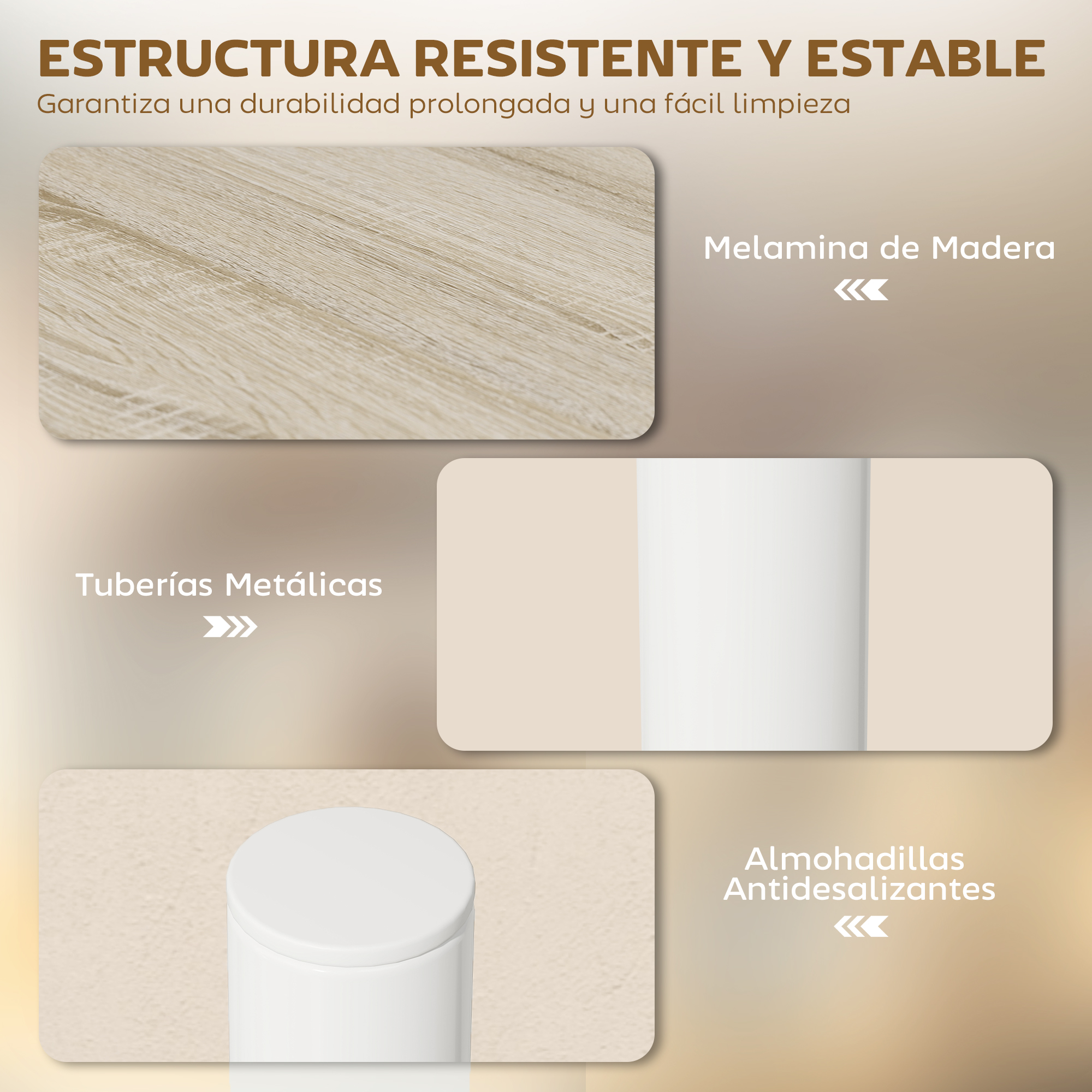 Melamina de madera, tuberías metálicas y almohadillas antideslizantes.