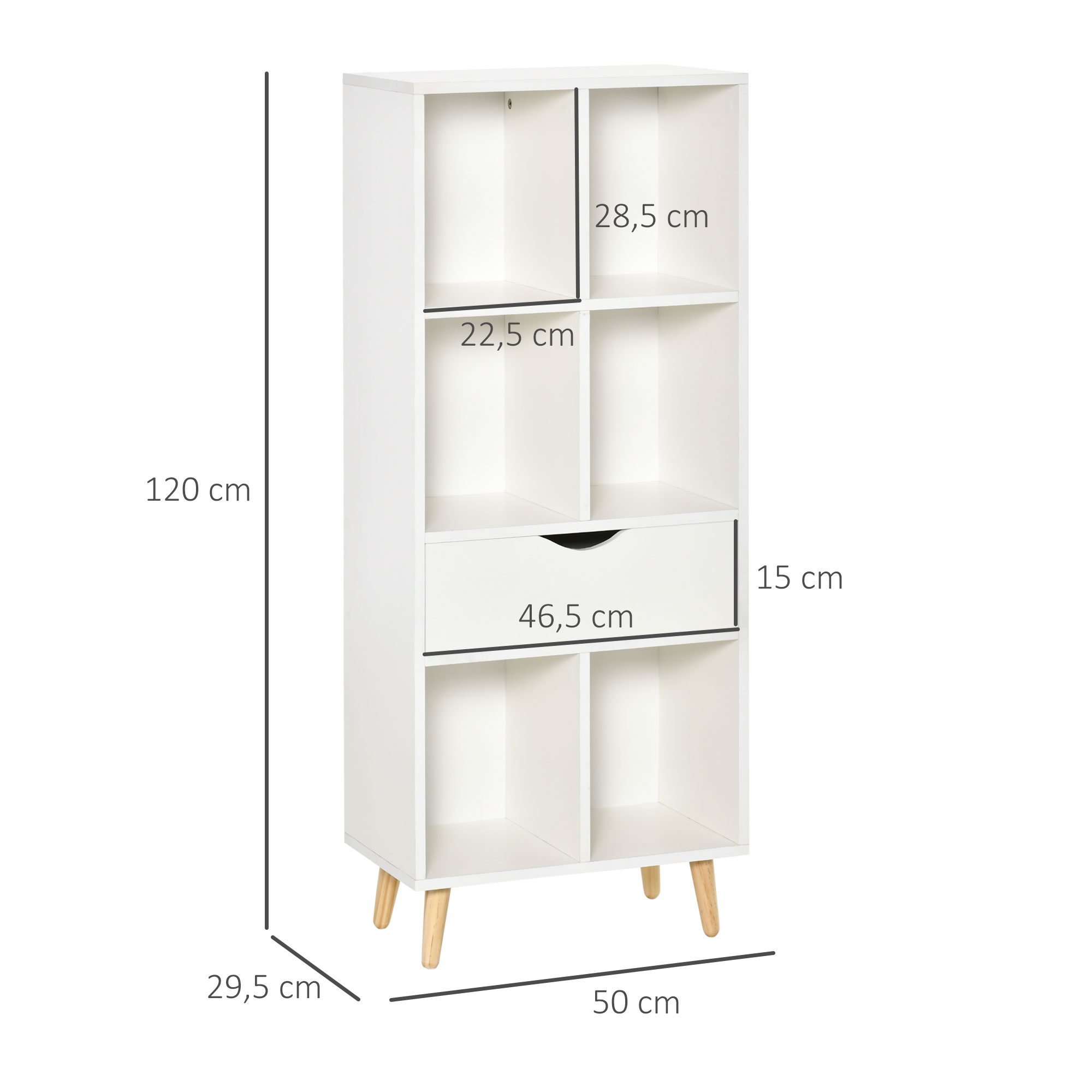 Un mueble blanco con cuatro compartimentos abiertos, un cajón y patas de madera.