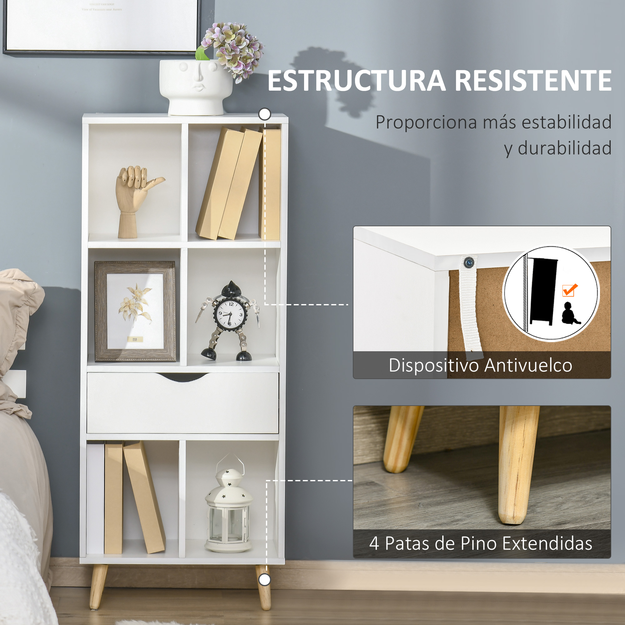 Estantería blanca con cajón, adornos y estantes. Correa de seguridad.