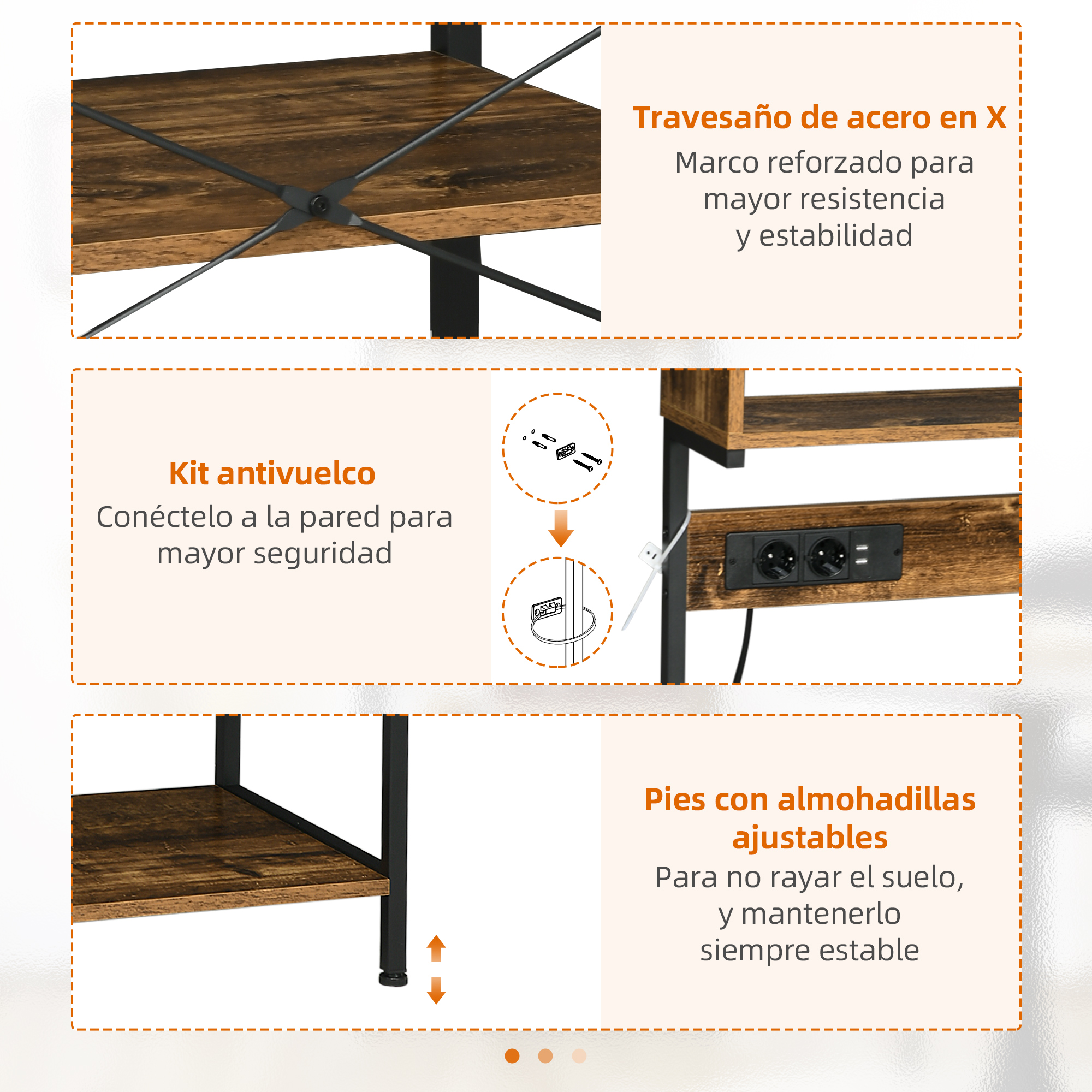 Marco en X con estantes de madera, kit antivuelco, toma de corriente y pies ajustables.