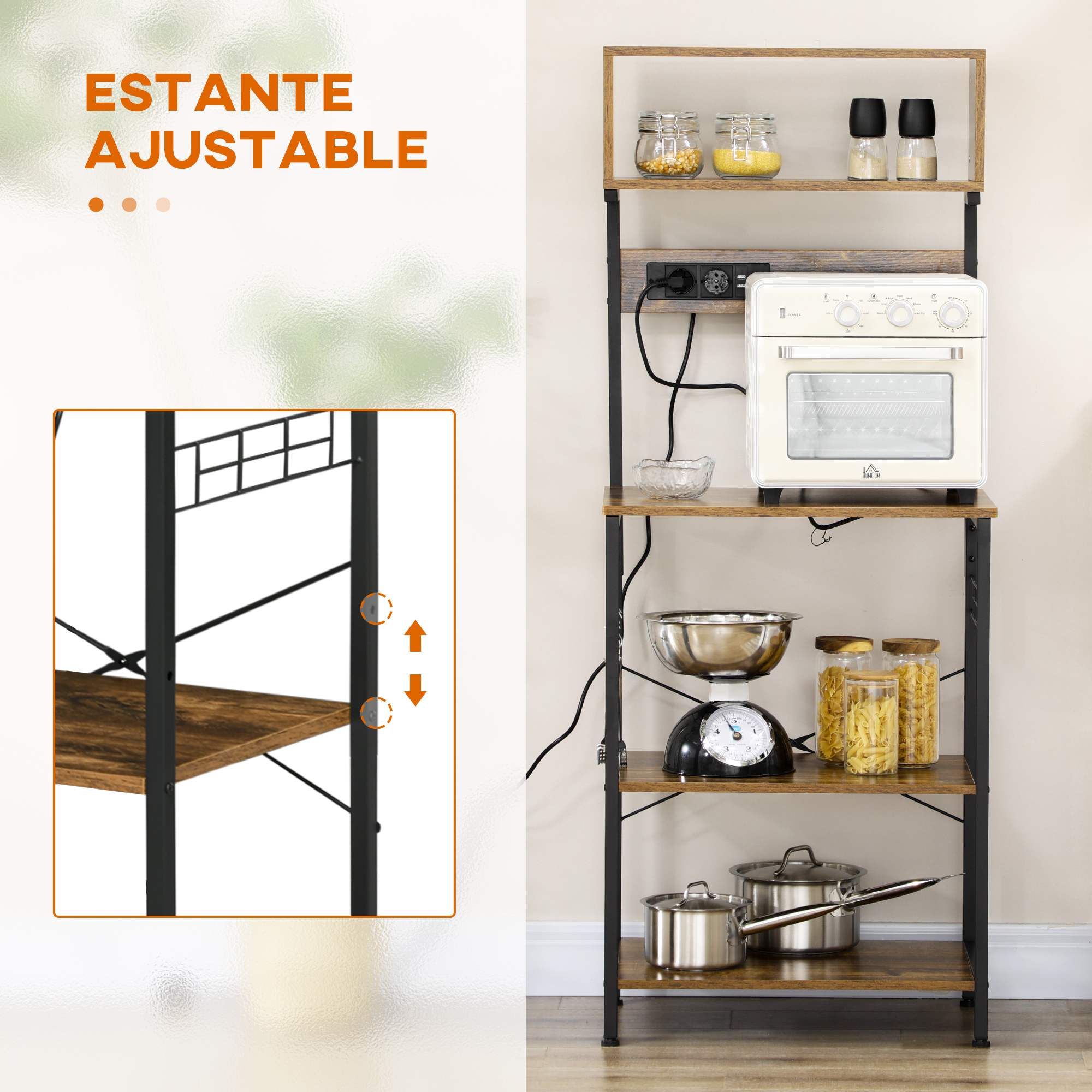 Un estante marrón con artículos de cocina como un horno, ollas, báscula y frascos.