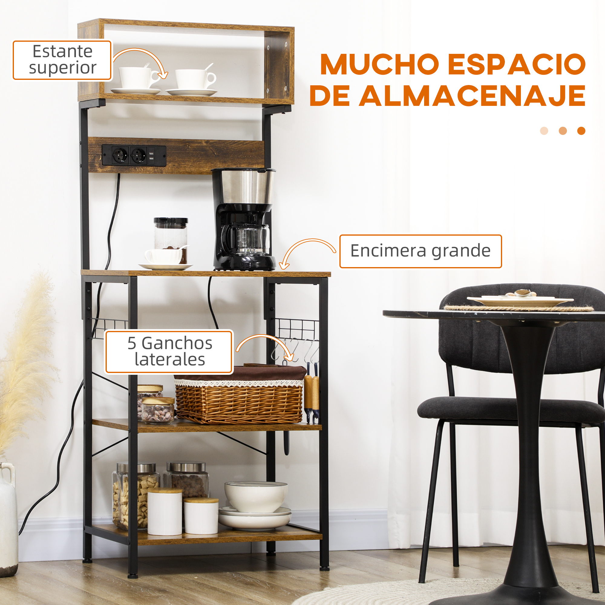 Estantería de madera con cafetera, tazas, tarros y cesta.