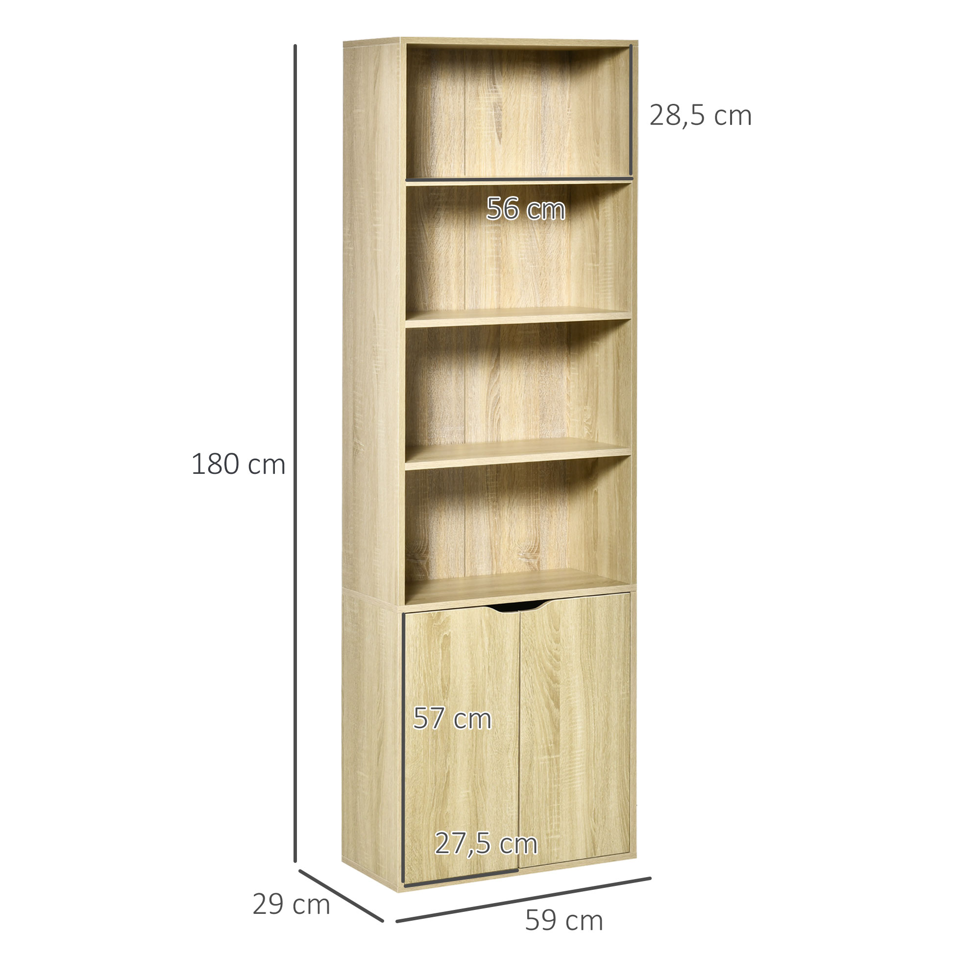 Una estantería de madera con puertas abajo y estantes arriba.