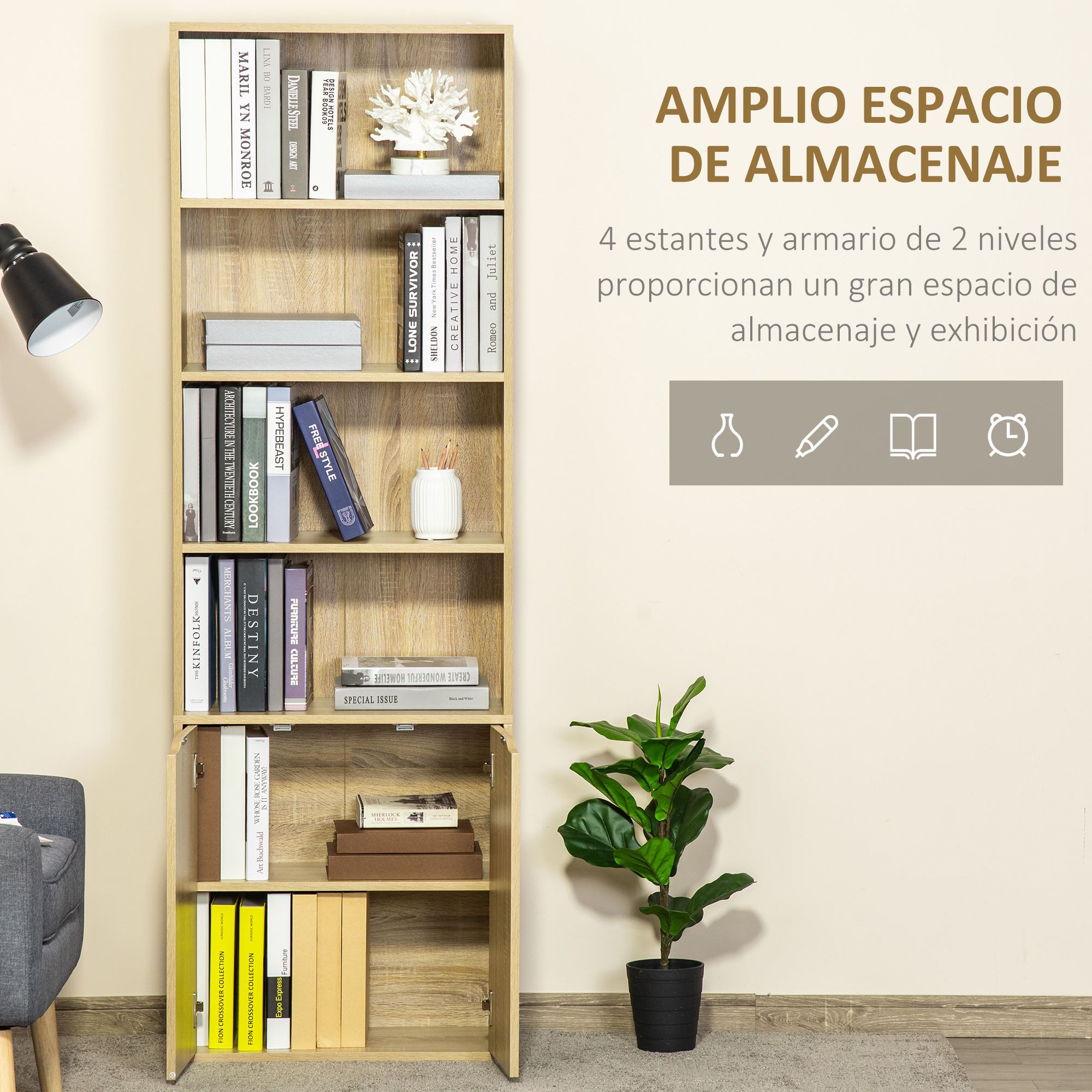 Estantería de madera clara con estantes abiertos y cerrados, llena de libros, jarrón y planta.