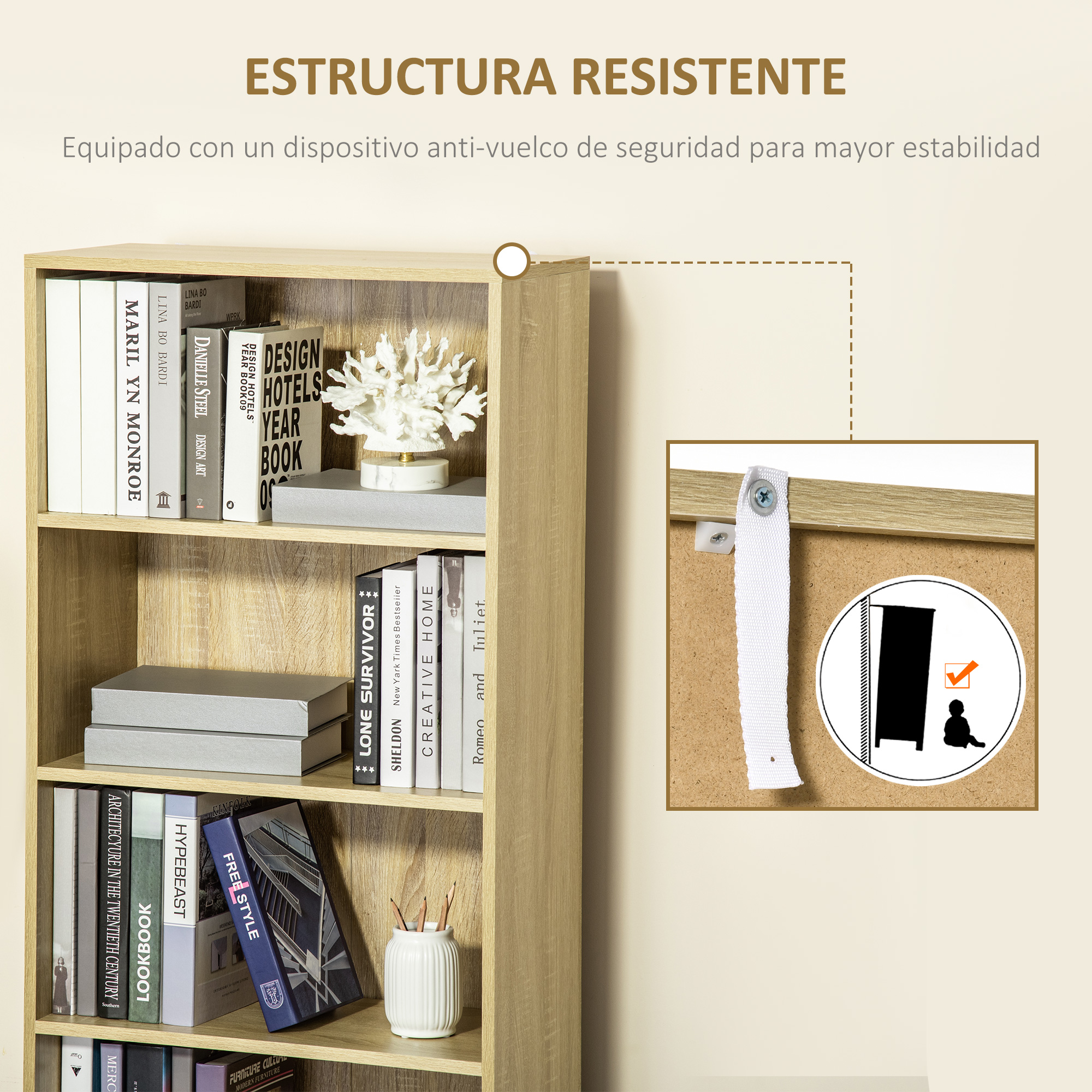 Estantería de madera con libros y un kit de seguridad antivuelco.