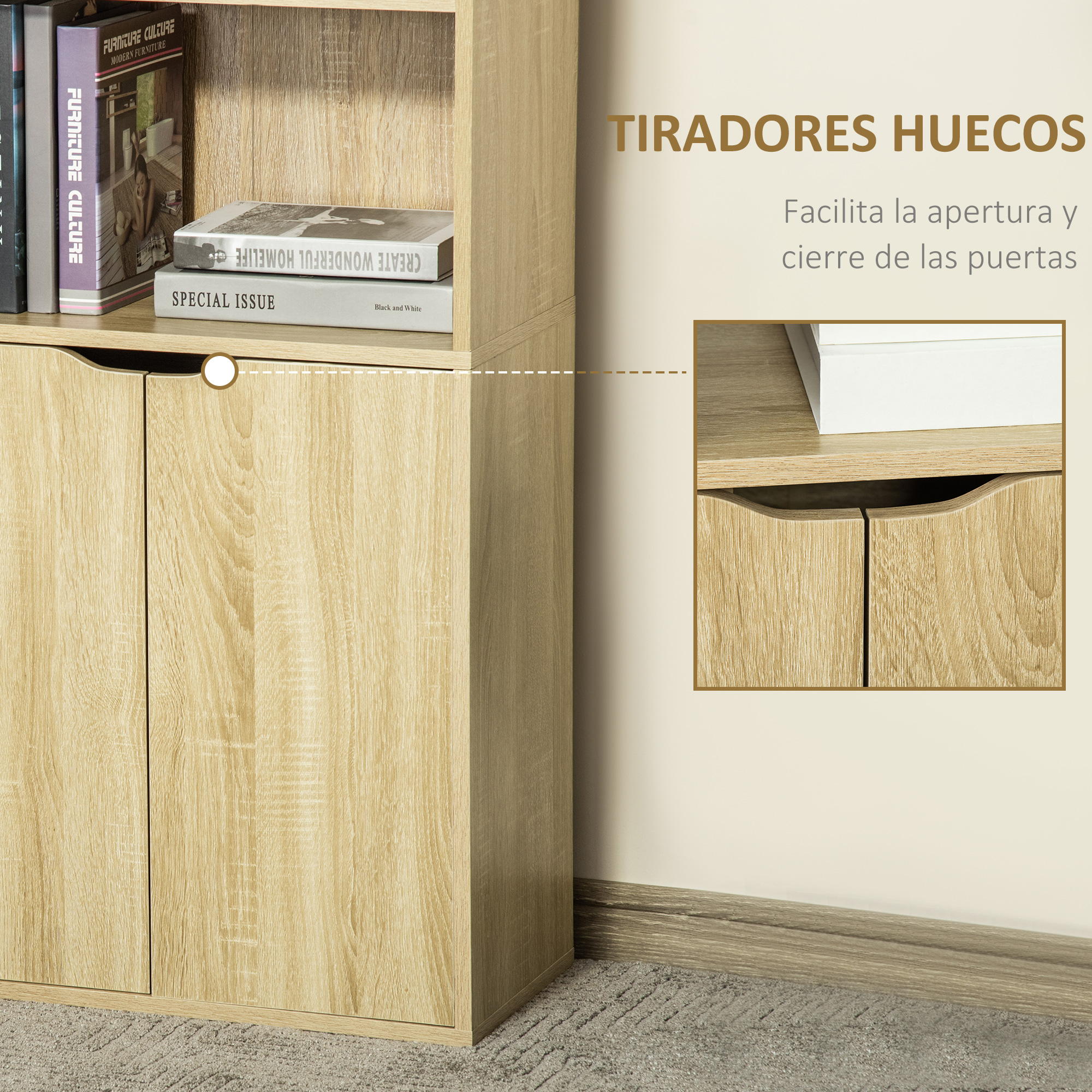 Estantería de madera clara con dos puertas y libros.