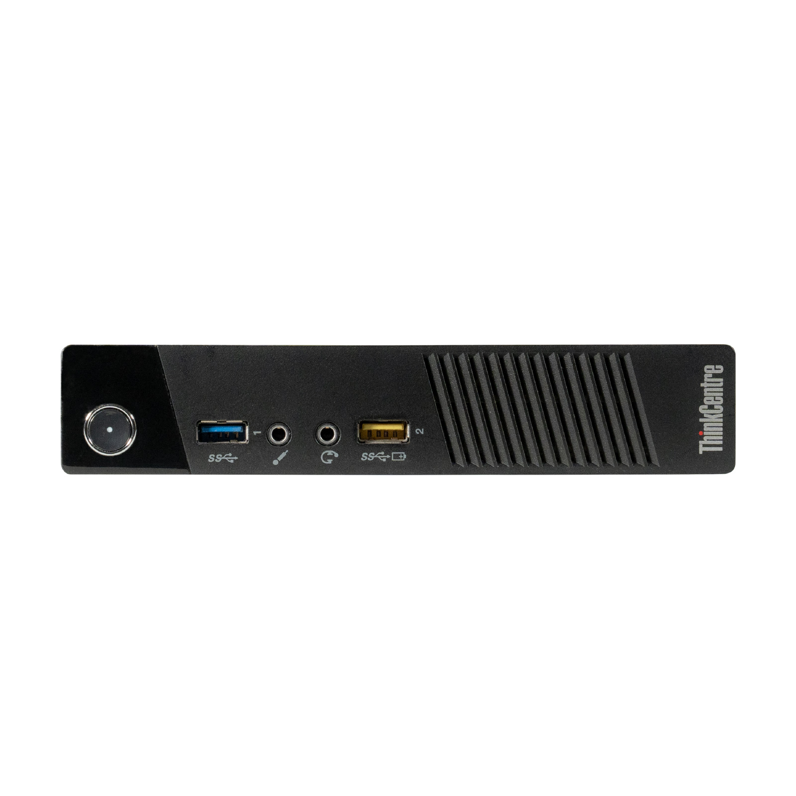 Un PC Lenovo ThinkCentre nero sottile con porte USB.