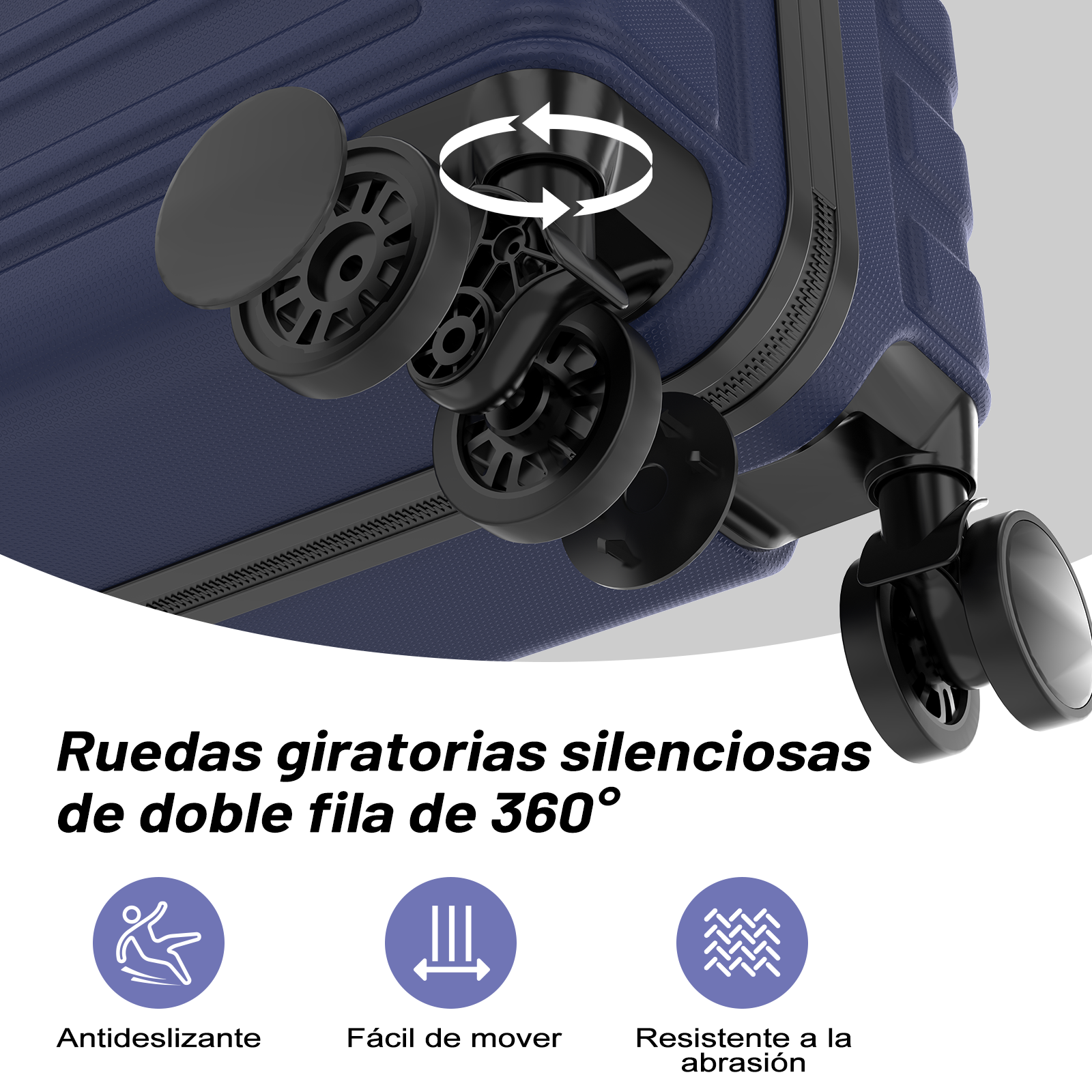 Maleta azul marino con ruedas giratorias 360° y cremallera. Iconos de agarre.