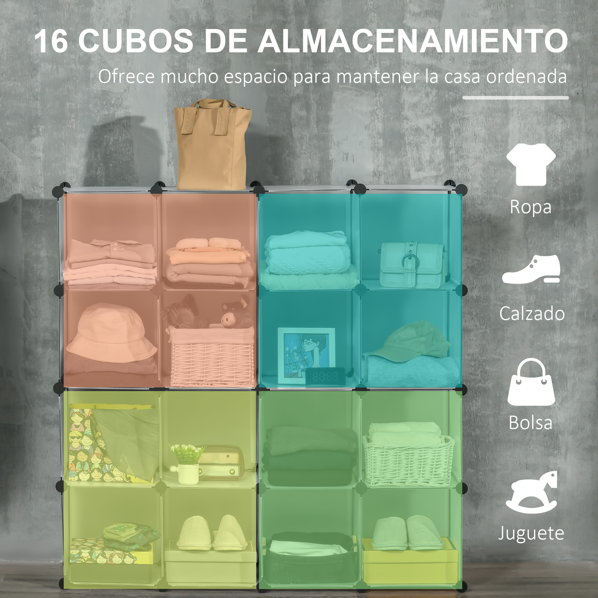 Un armario modular que muestra ropa, zapatos, bolsos y juguetes en estantes.