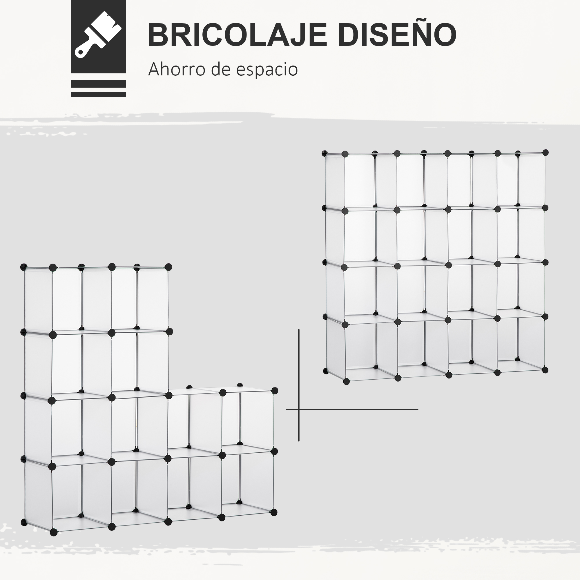 Dos unidades de estantería modulares blancas con marcos plateados y conectores negros.