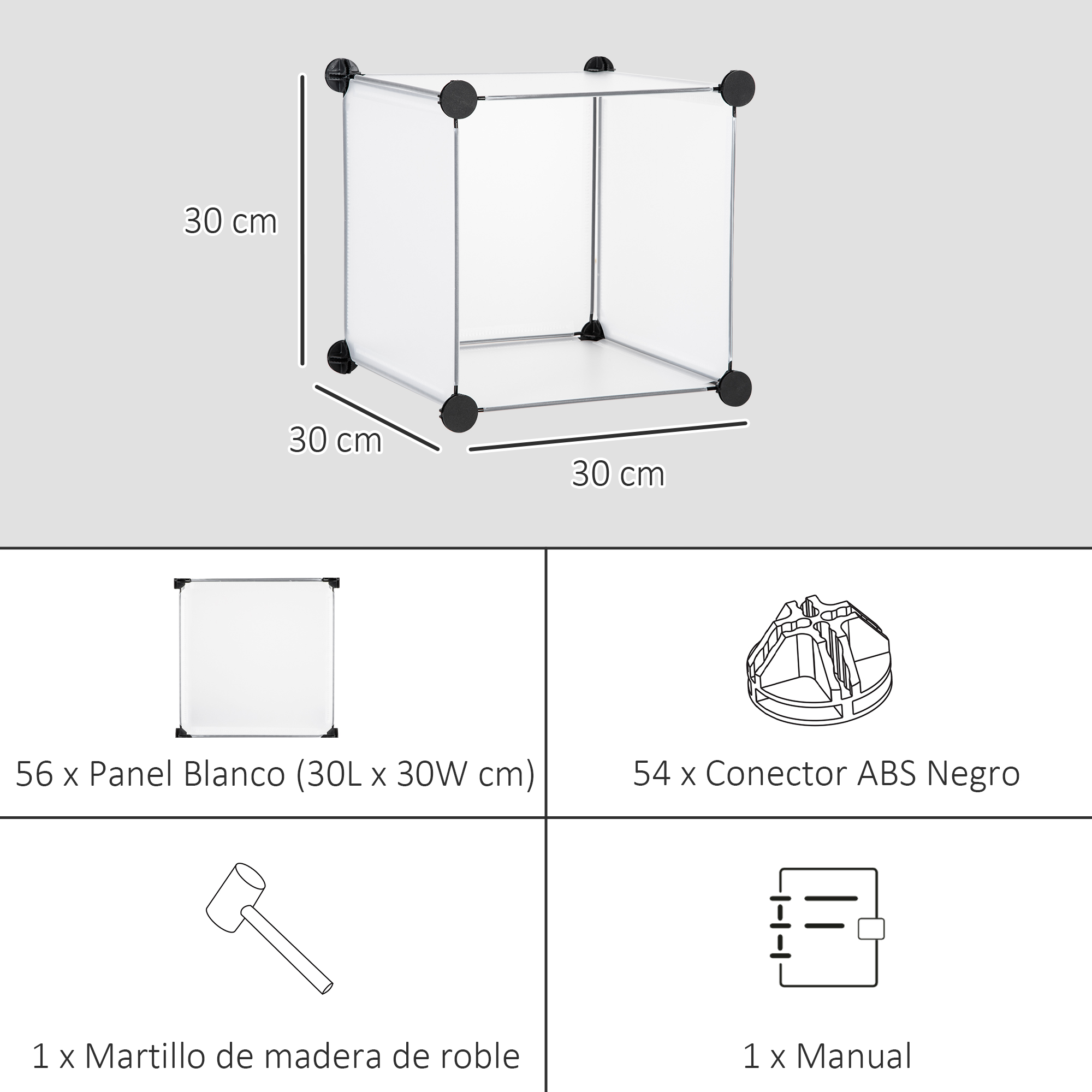 Un estante cúbico modular de 30 cm con paneles transparentes y conectores negros.