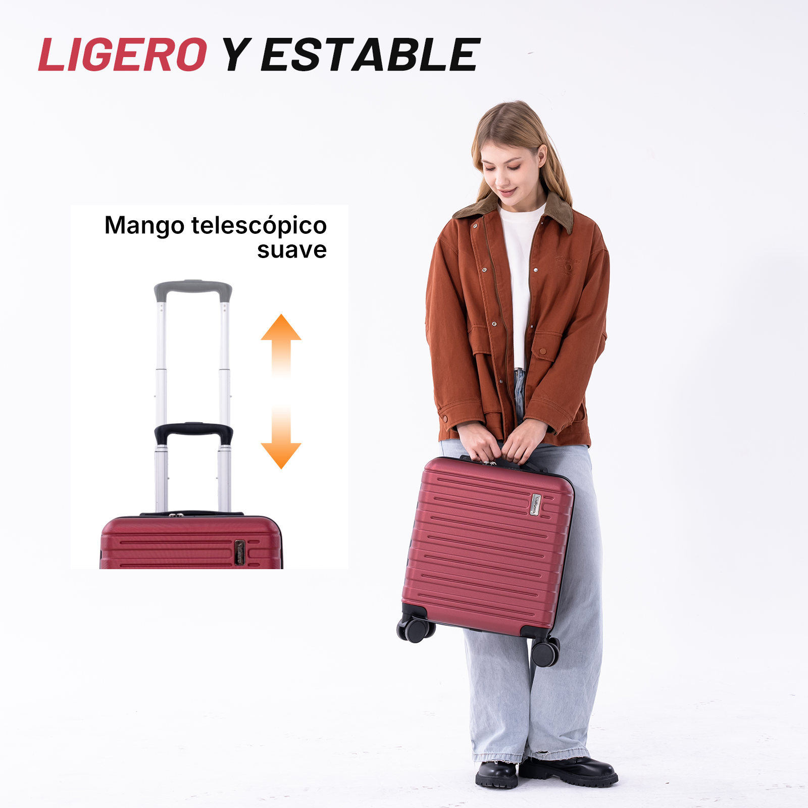 Una mujer sostiene una maleta roja. Un recuadro muestra el asa extensible.