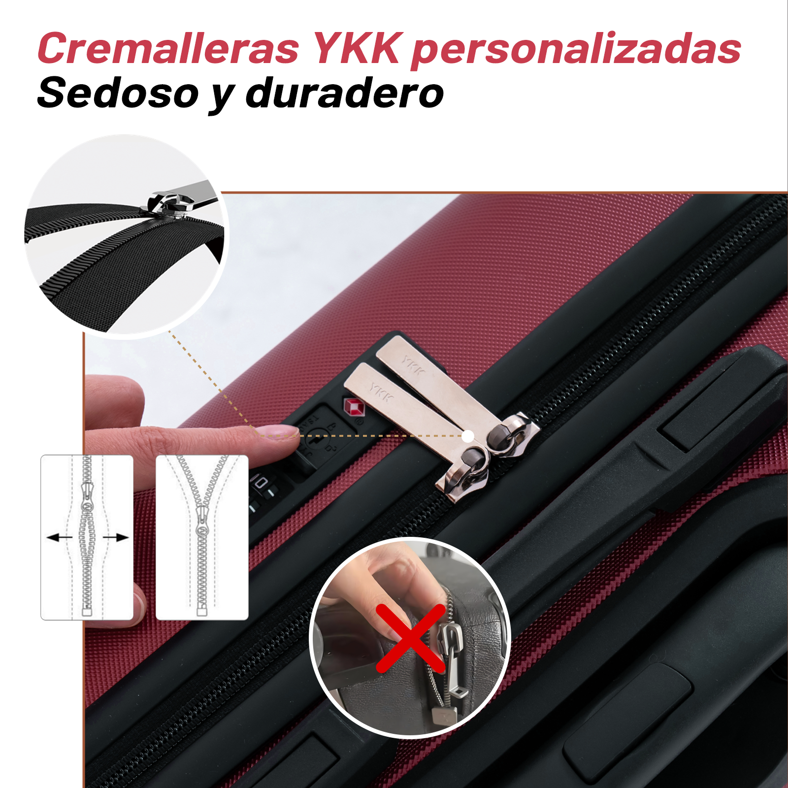 Primer plano de una maleta roja con cremalleras YKK, cerradura TSA y accesorios.