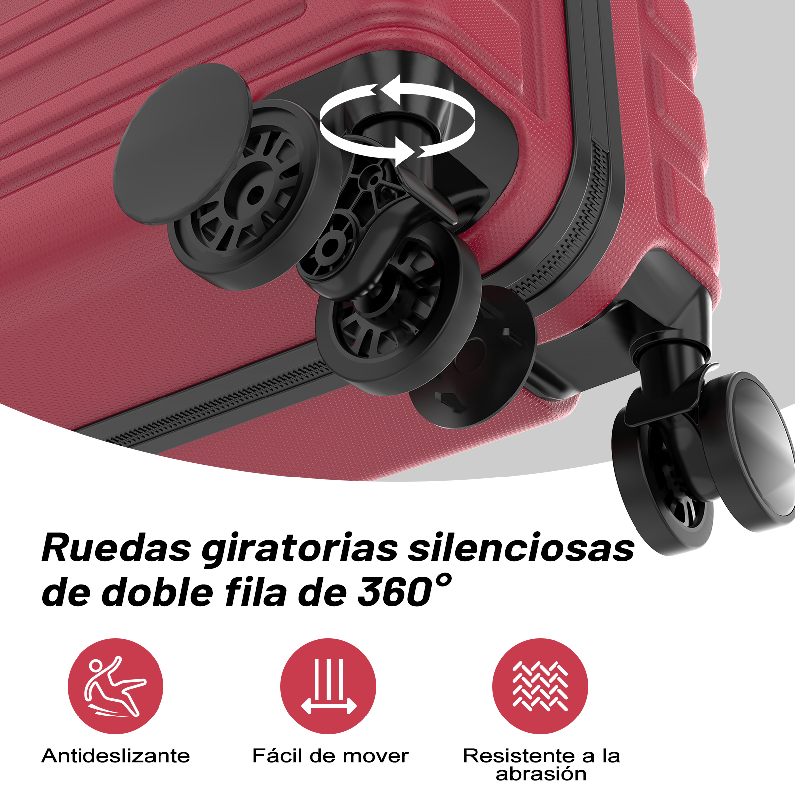 Maleta roja con ruedas giratorias dobles de 360°, iconos de antideslizante y durabilidad.