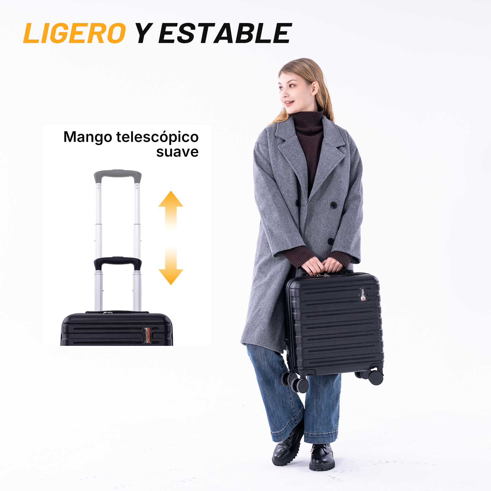 Mujer con abrigo gris sostiene maleta negra. Detalle de mango telescópico.