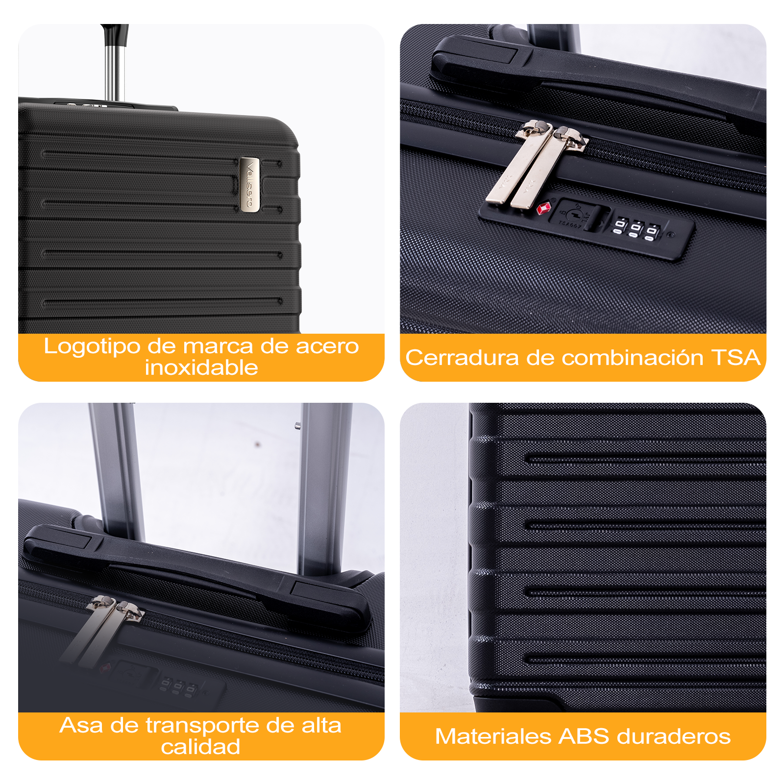 Maleta negra con cerradura TSA, logo, asa y material ABS.