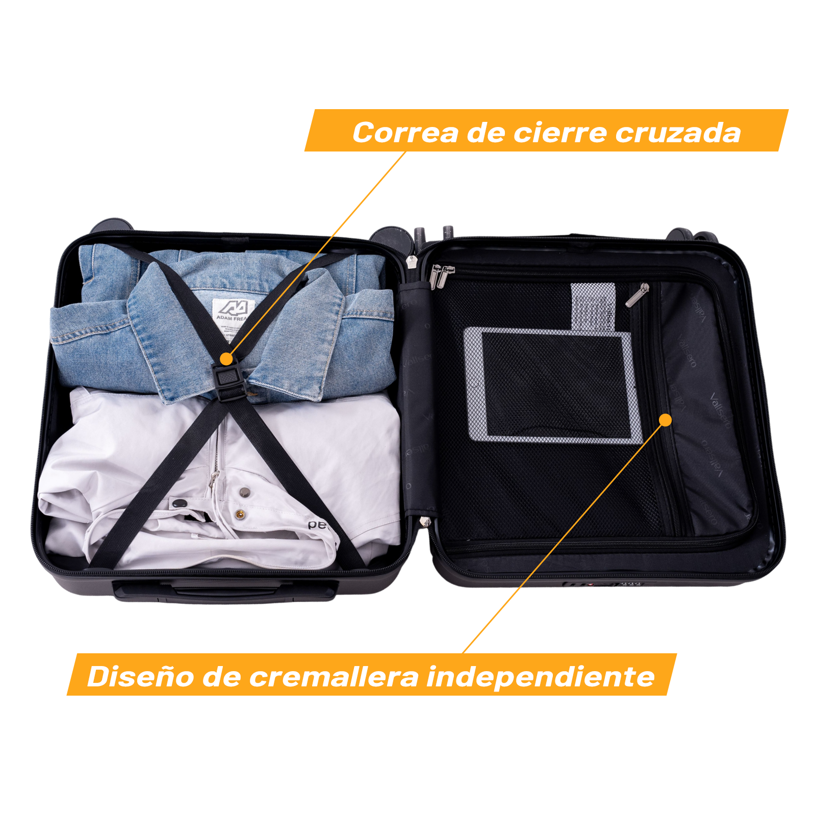 Maleta abierta con ropa sujeta por correas y tablet en bolsillo de red.