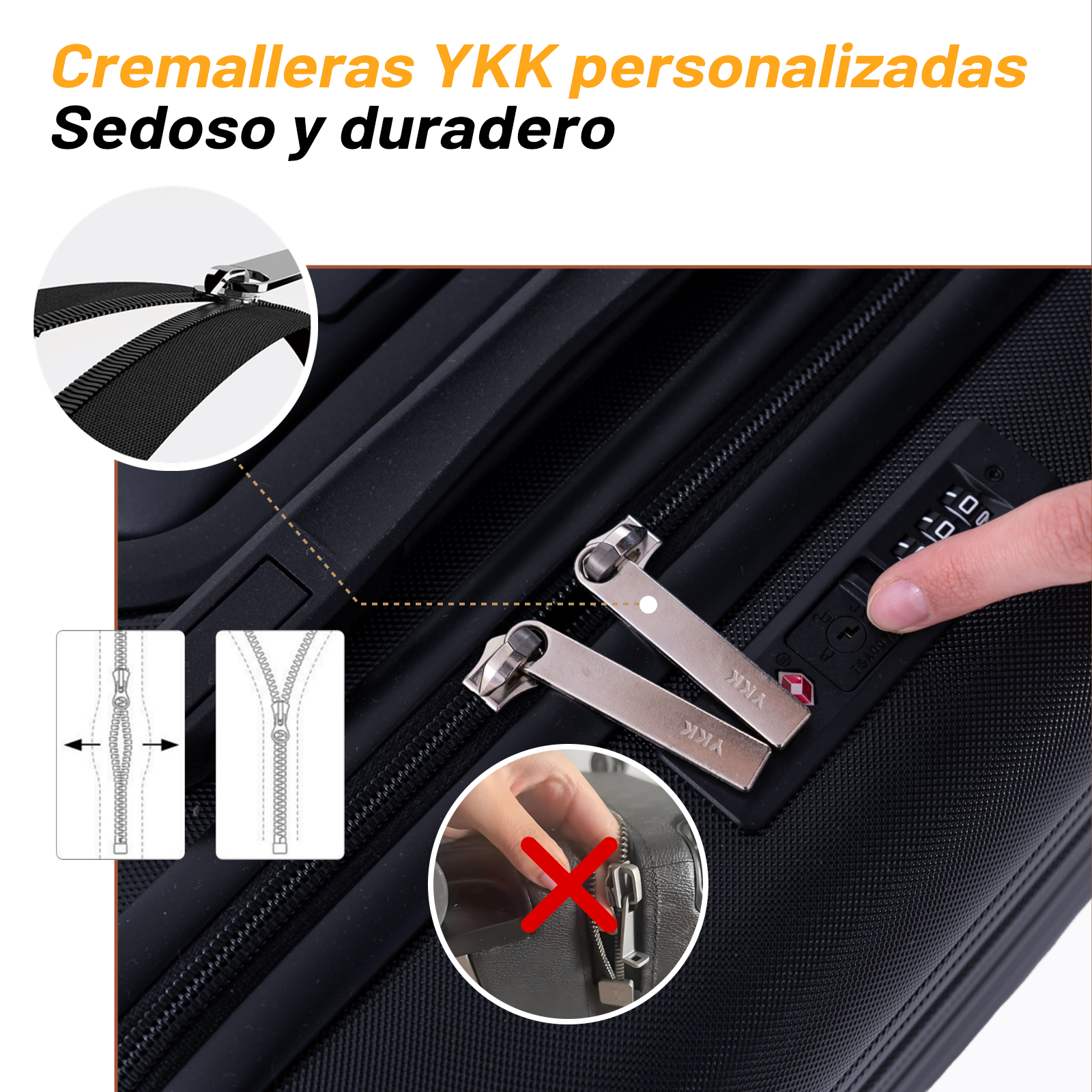 Primer plano de una maleta negra con cremalleras YKK y candado TSA.
