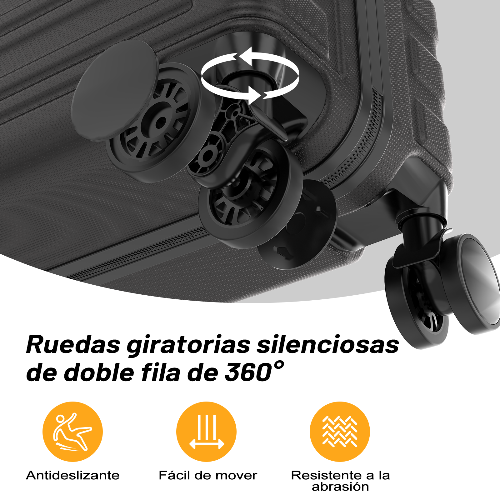 Primer plano de ruedas de maleta negras con giro de 360 grados.
