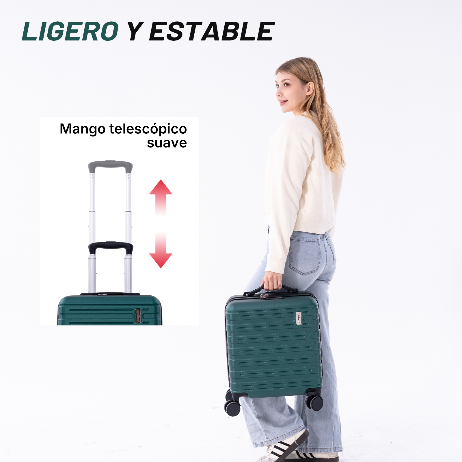 Una mujer sostiene una maleta verde. Un detalle muestra el mango telescópico.