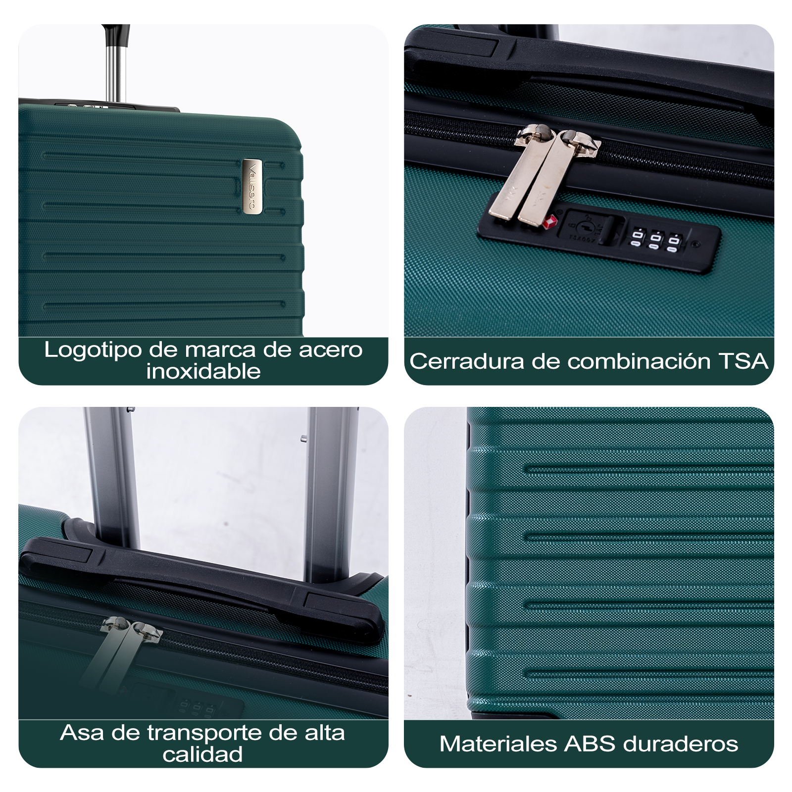 Maleta verde oscura con logo metálico, cerradura TSA, asa y material ABS.