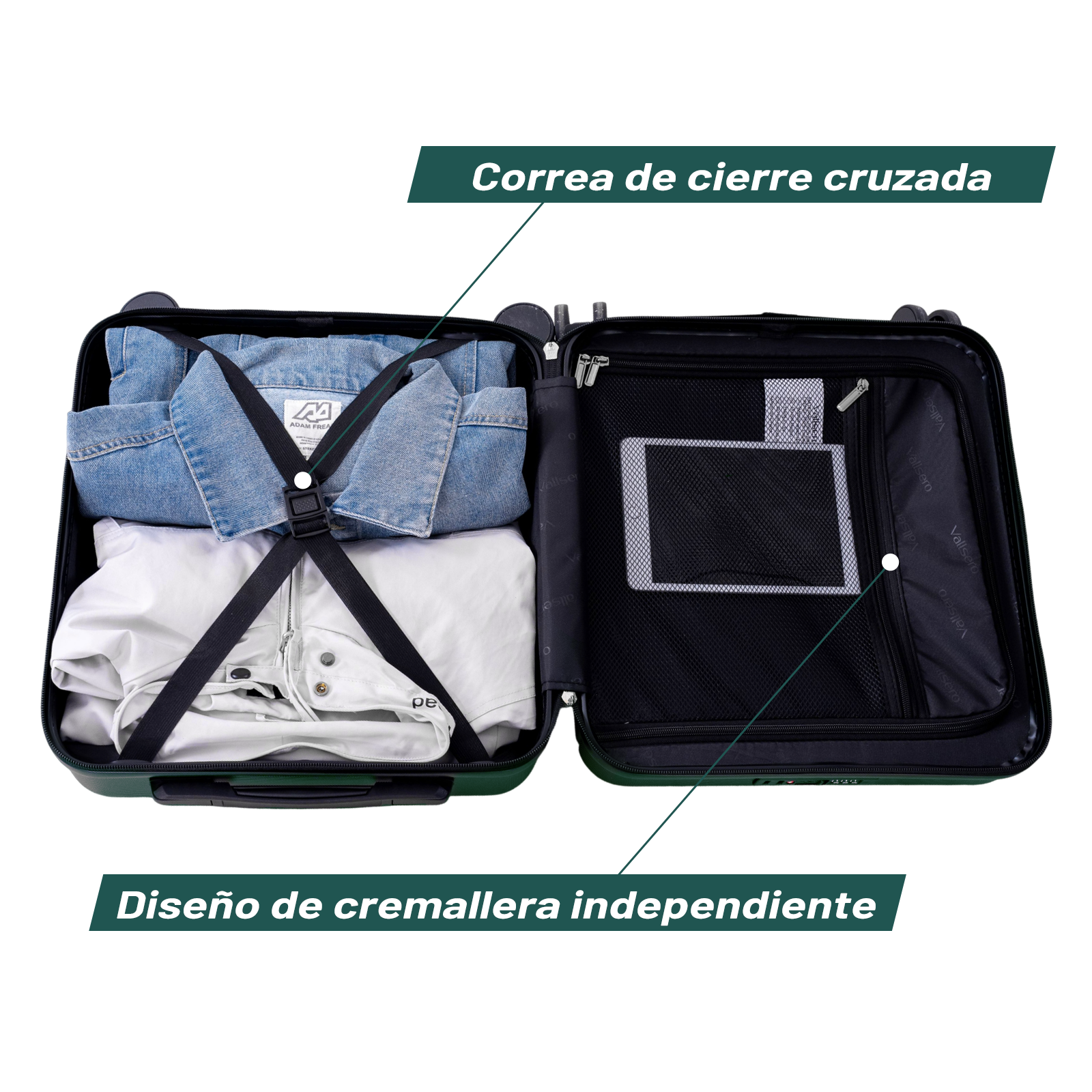 Una maleta abierta con ropa y una tableta en el compartimento interior.