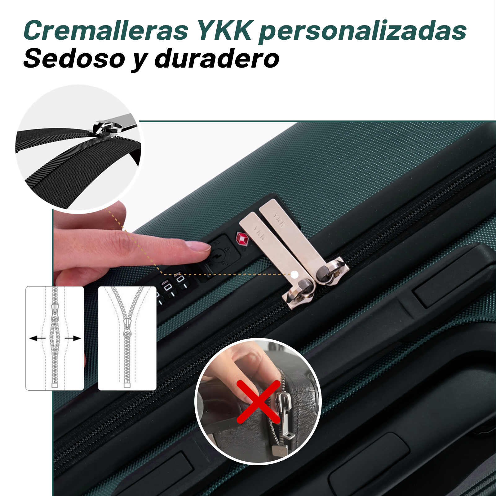 Primer plano de una maleta verde con cremalleras YKK y candado TSA.