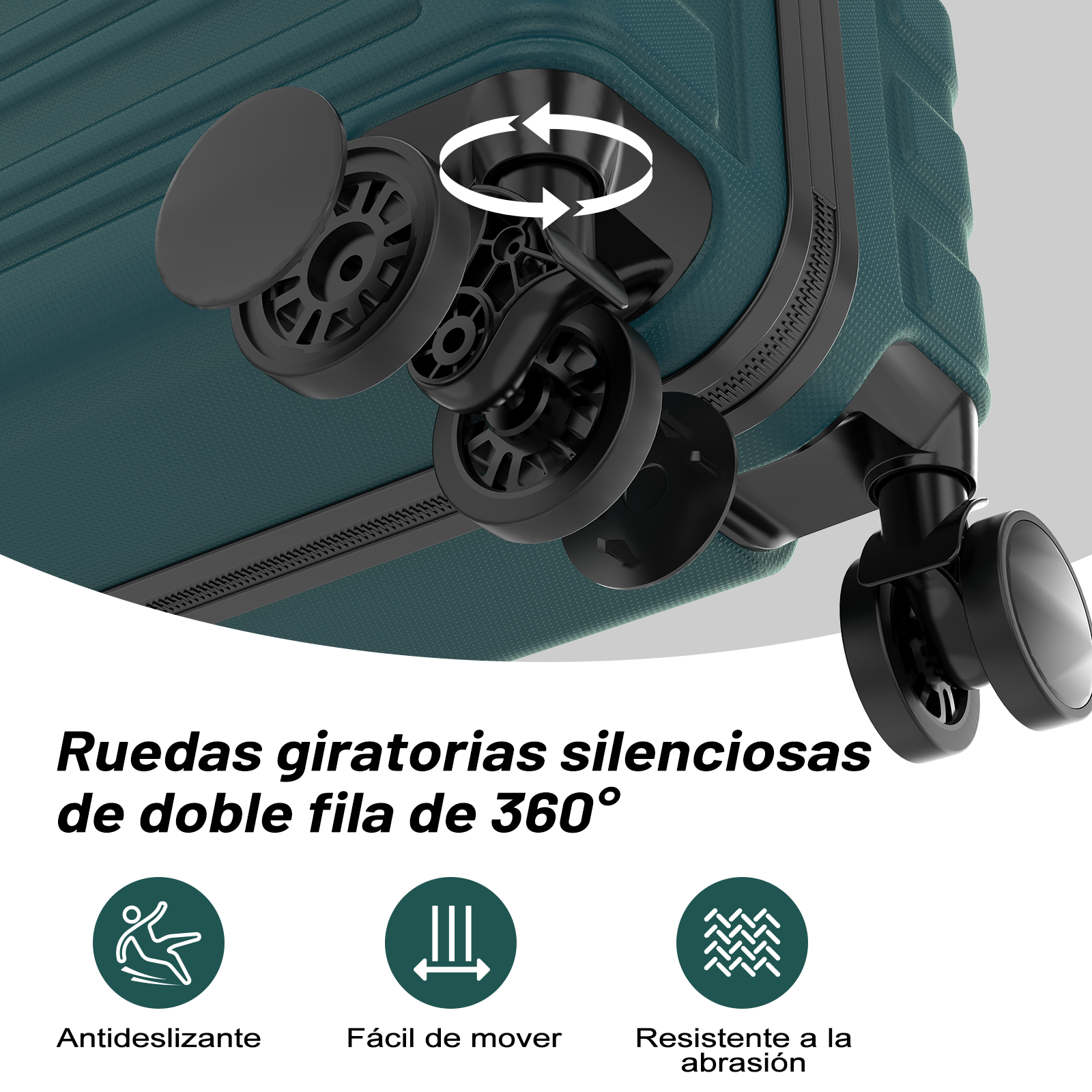 Una maleta verde con ruedas dobles de 360 grados y tres iconos.