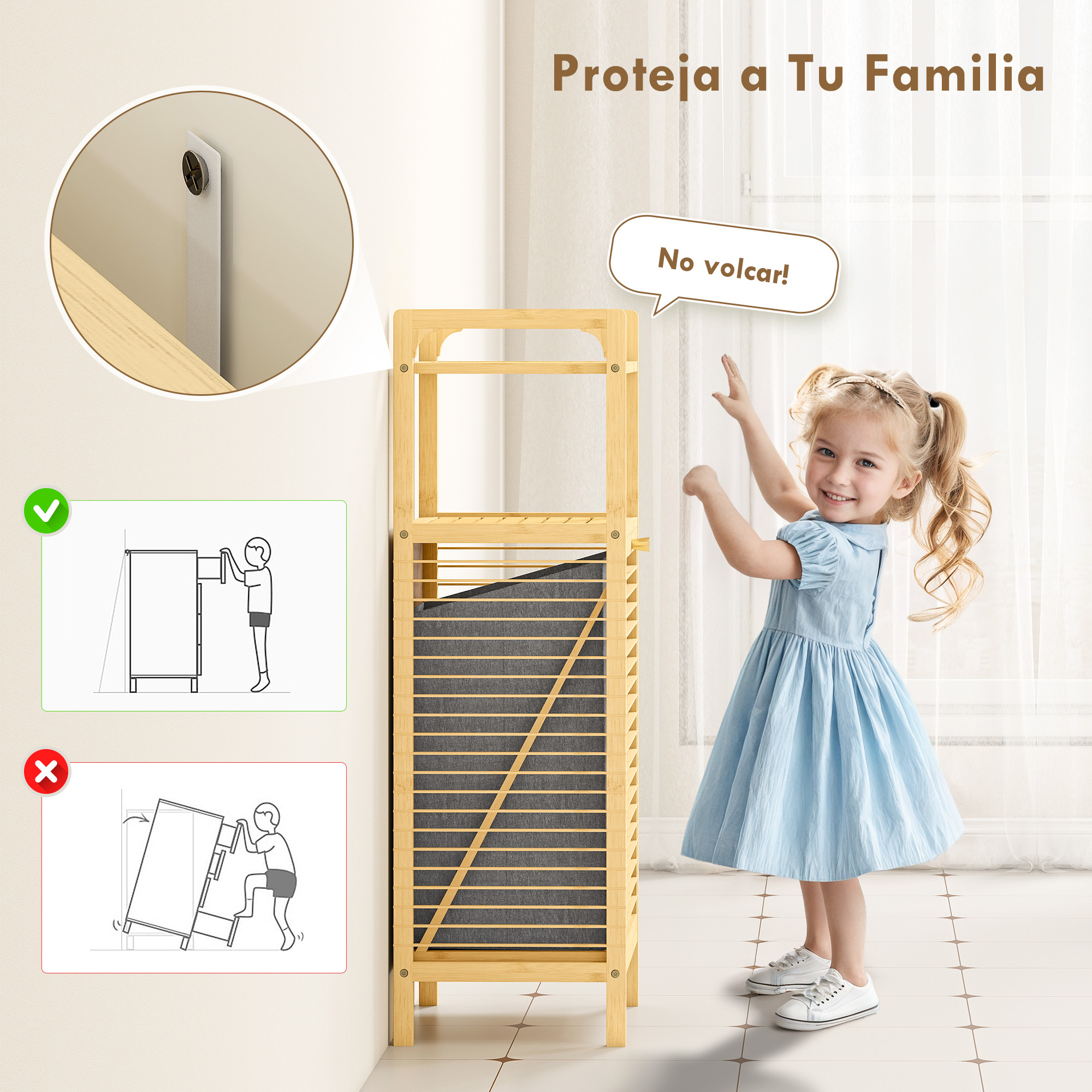 Niña con vestido azul junto a estante de madera. Se ven señales de advertencia.
