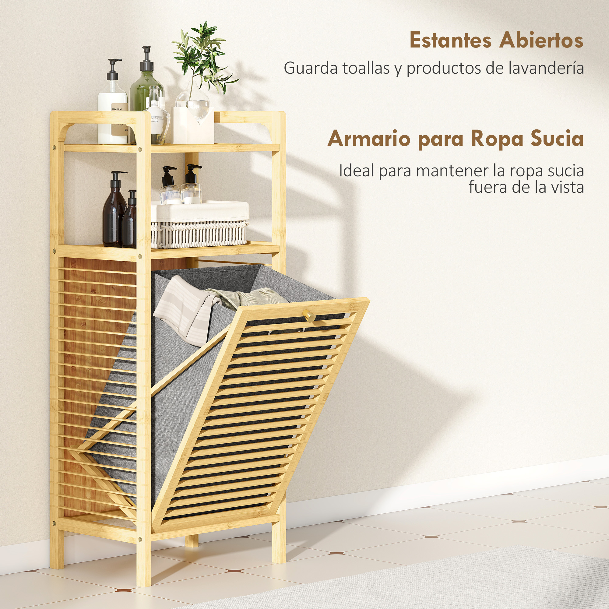 Un estante de madera con baldas abiertas y un compartimento inferior para la colada.