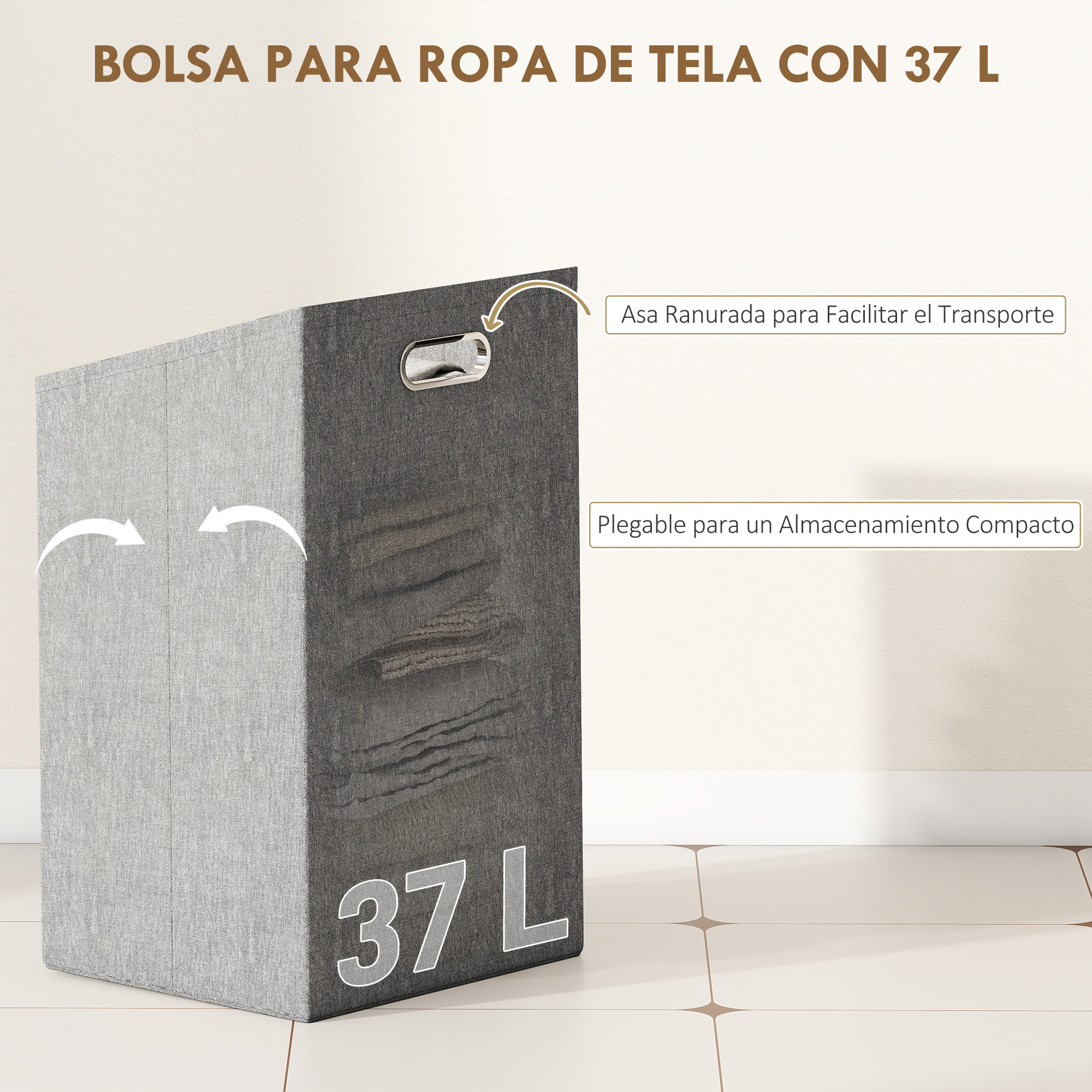 Cesto de ropa de tela gris con asa y capacidad de 37 L.