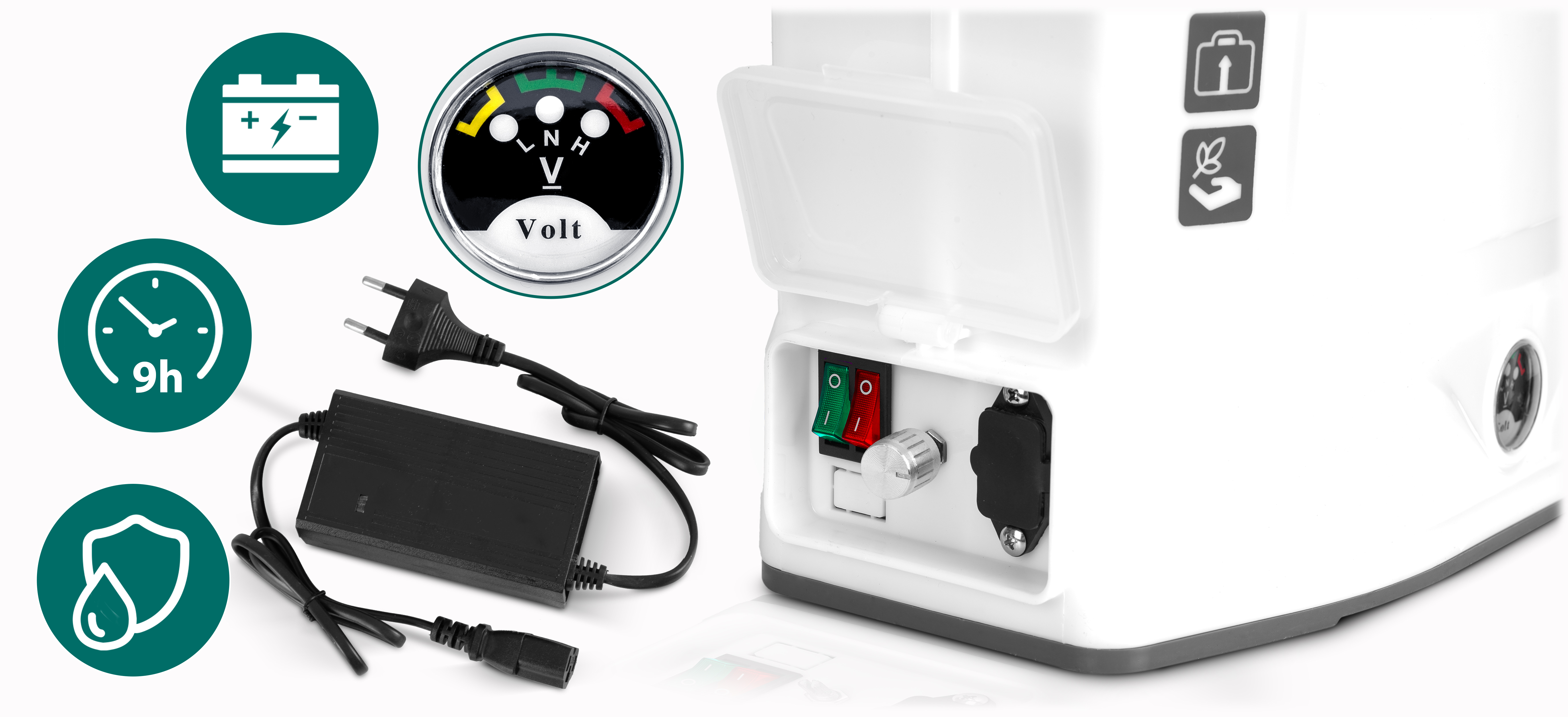 Ikony: Bateria, 9h pracy, woltomierz, zasilacz i elementy sterujące.