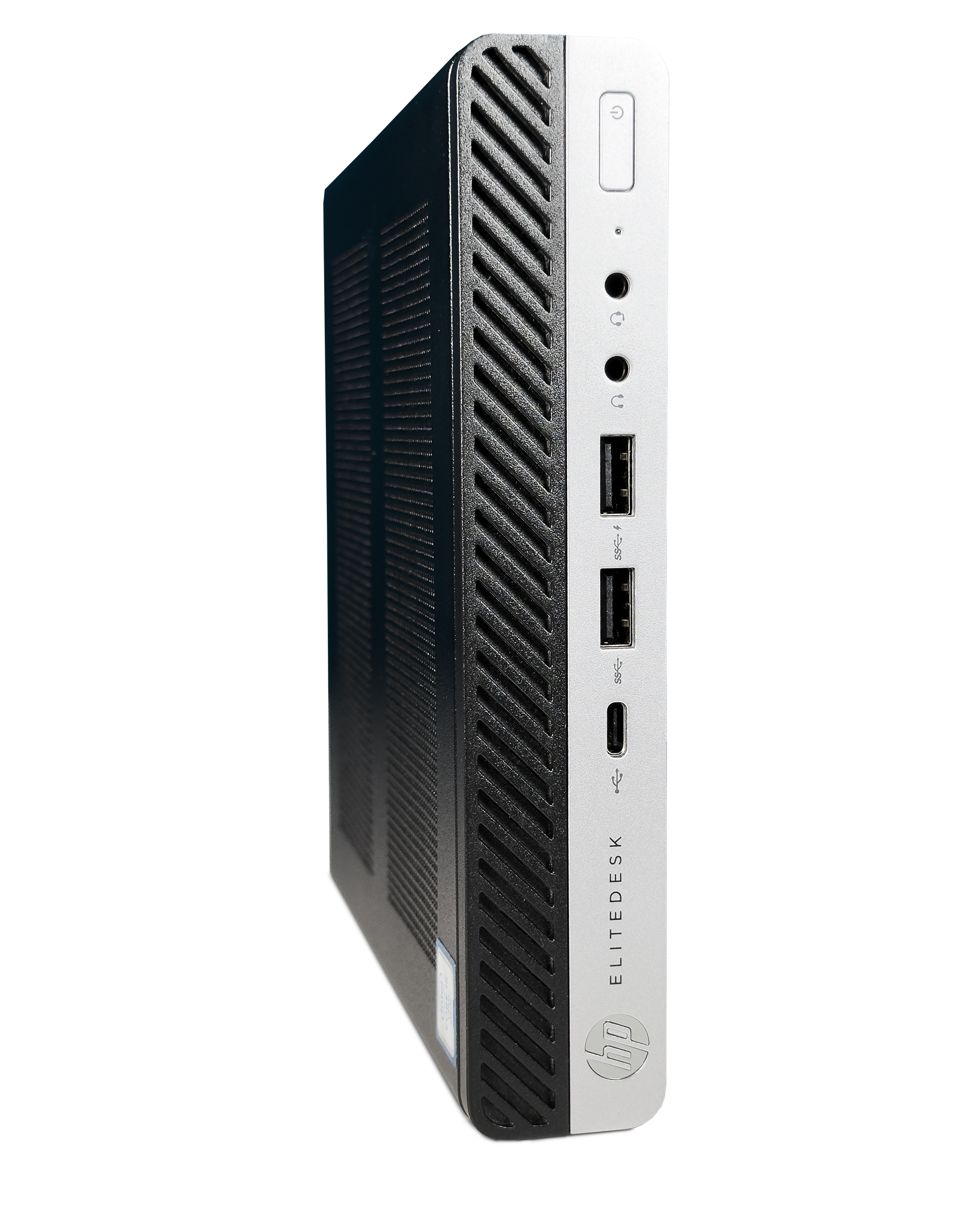 Silberner HP Elitedesk Computer mit schwarzen Lüftungsschlitzen und USB-Anschlüssen.