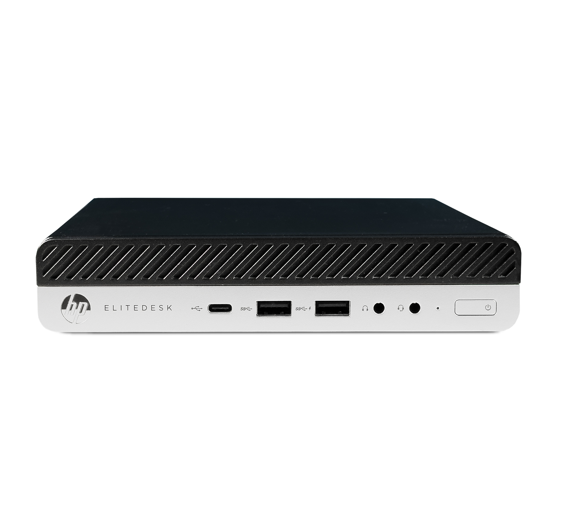 Ein schwarzer HP Elitedesk Mini-PC mit Anschlüssen und Power-Button.