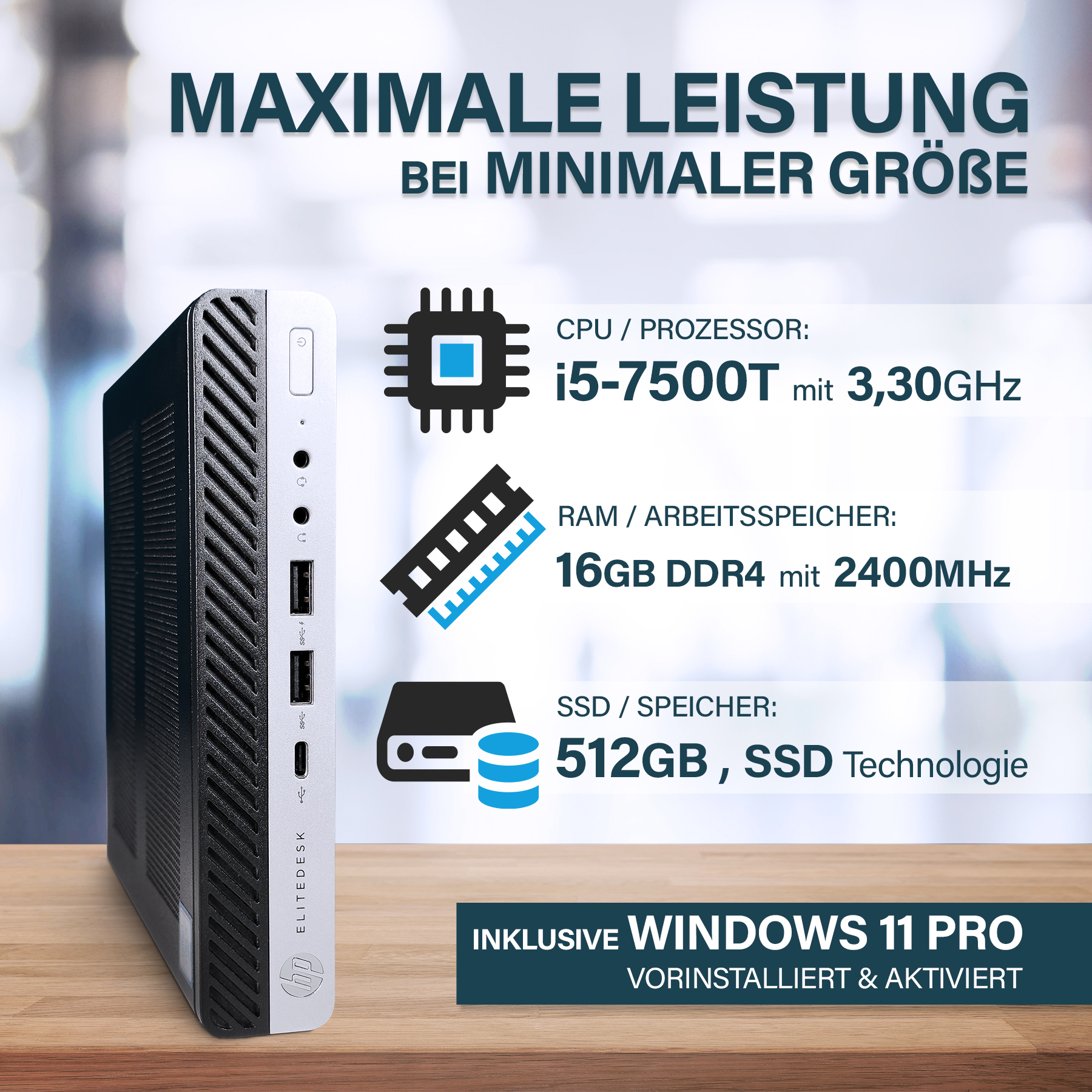 Kompakter HP Elitedesk PC mit i5-7500T, 16GB RAM, 512GB SSD und Windows 11 Pro.