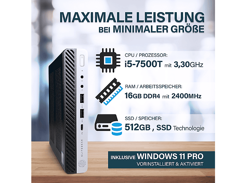 HP 800 G3, Mini PC Core™ i5, 16 GB RAM, 512 GB SSD, Intel® HD