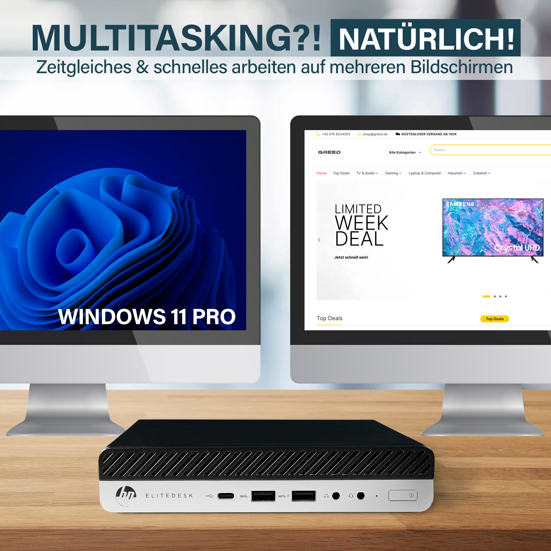 Zwei Monitore zeigen Windows 11 und einen Online-Shop; davor ein HP Elitedesk Mini-PC.