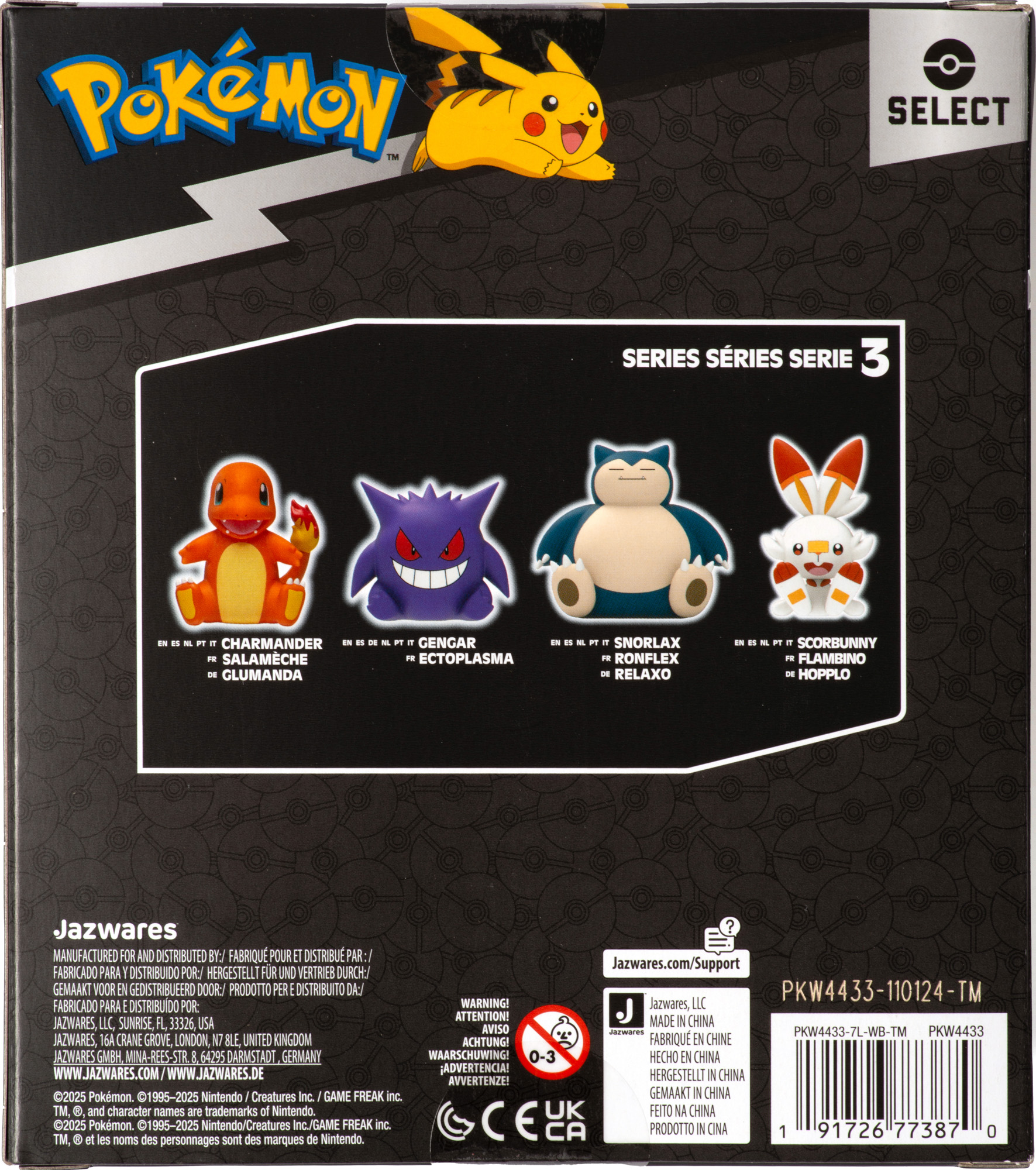 Pokémon-Verpackung mit Pikachu, Charmander, Gengar, Snorlax und Scorbunny.