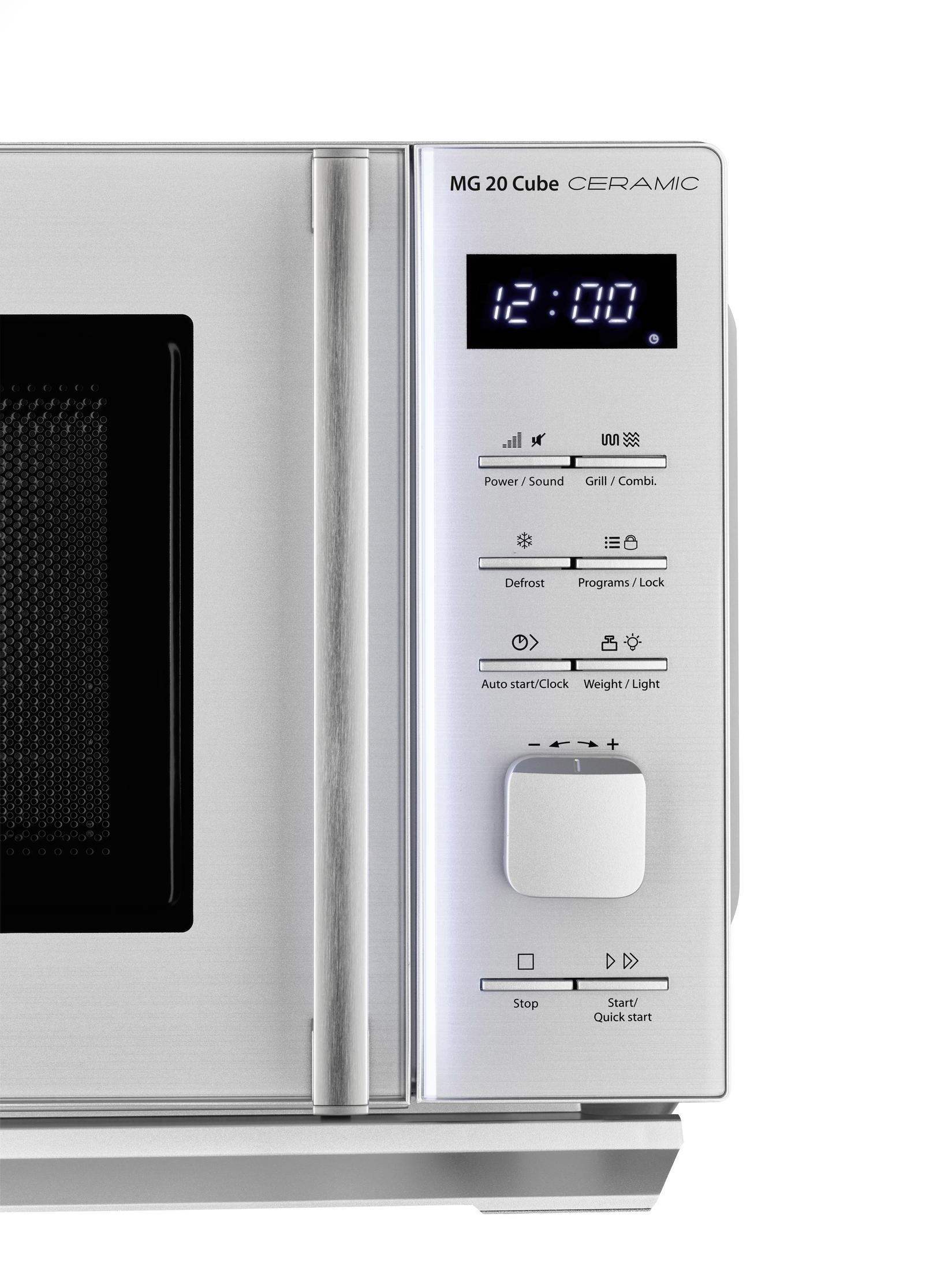 Forno a microonde argento con display digitale 12:00 e pulsanti.