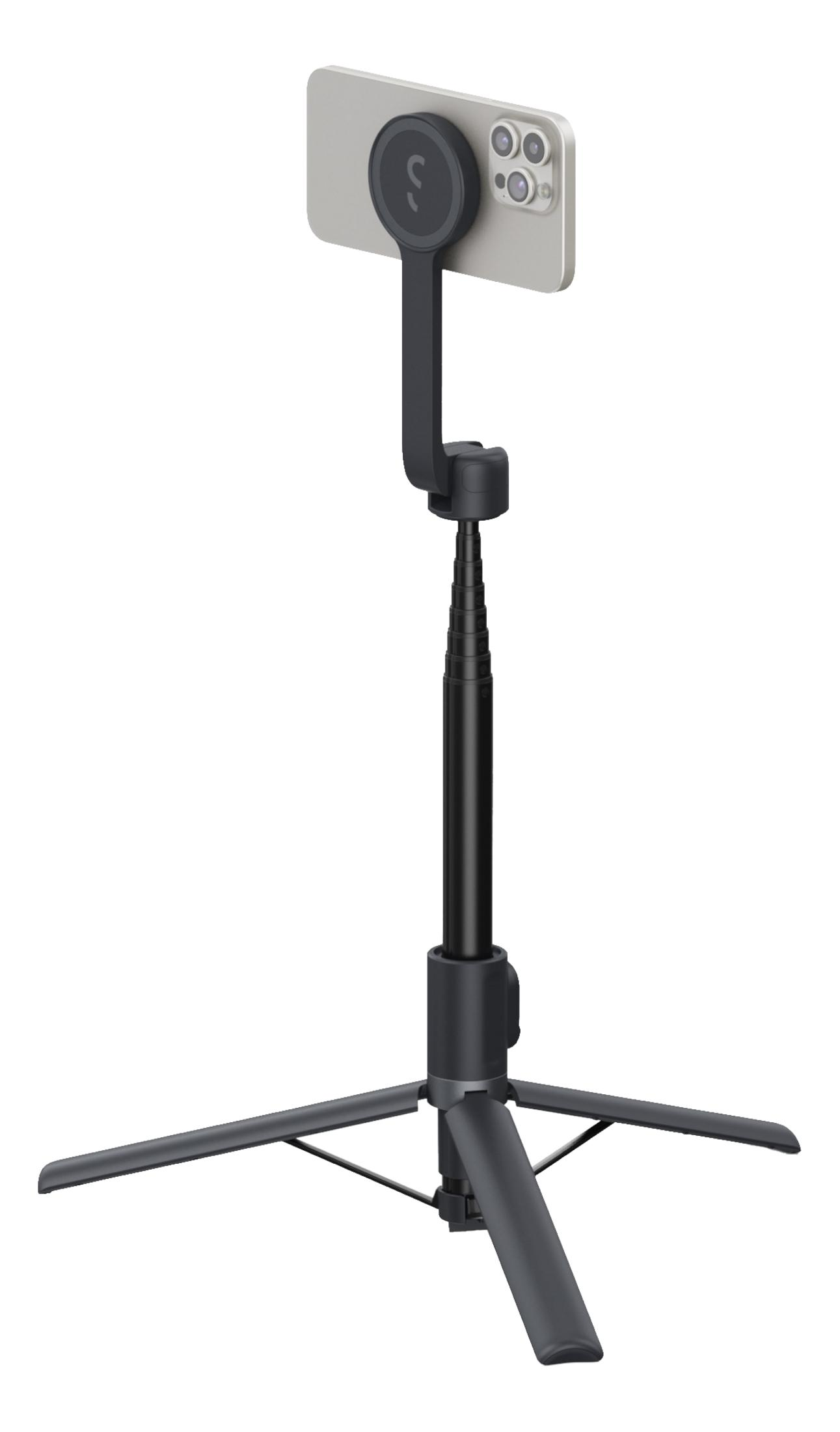 Ein Smartphone auf einem schwarzen Gimbal-Stativ mit ausziehbarem Stab.