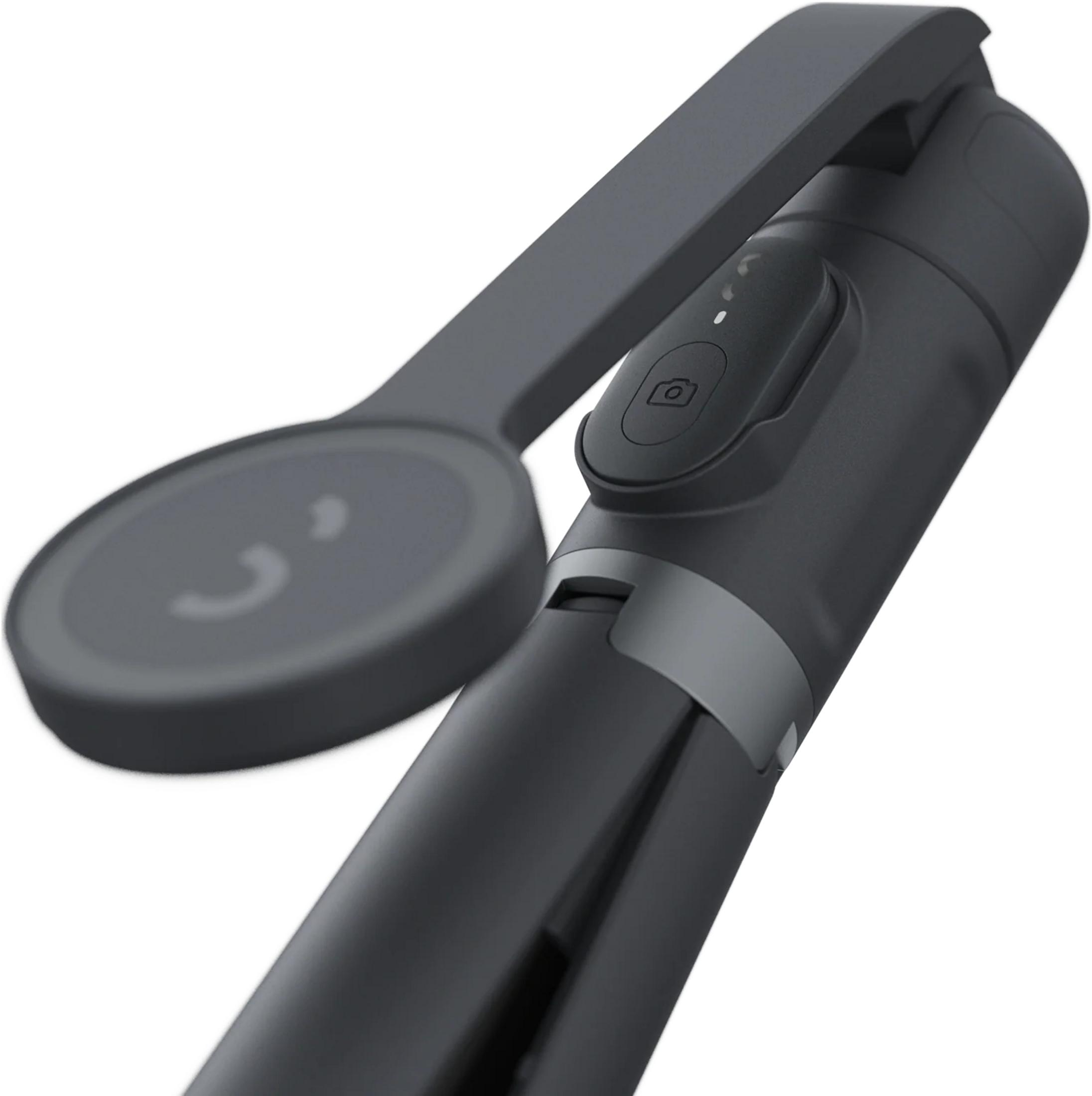 Dunkelgraues Gimbal mit Kamera-Button und einem kreisförmigen Element.