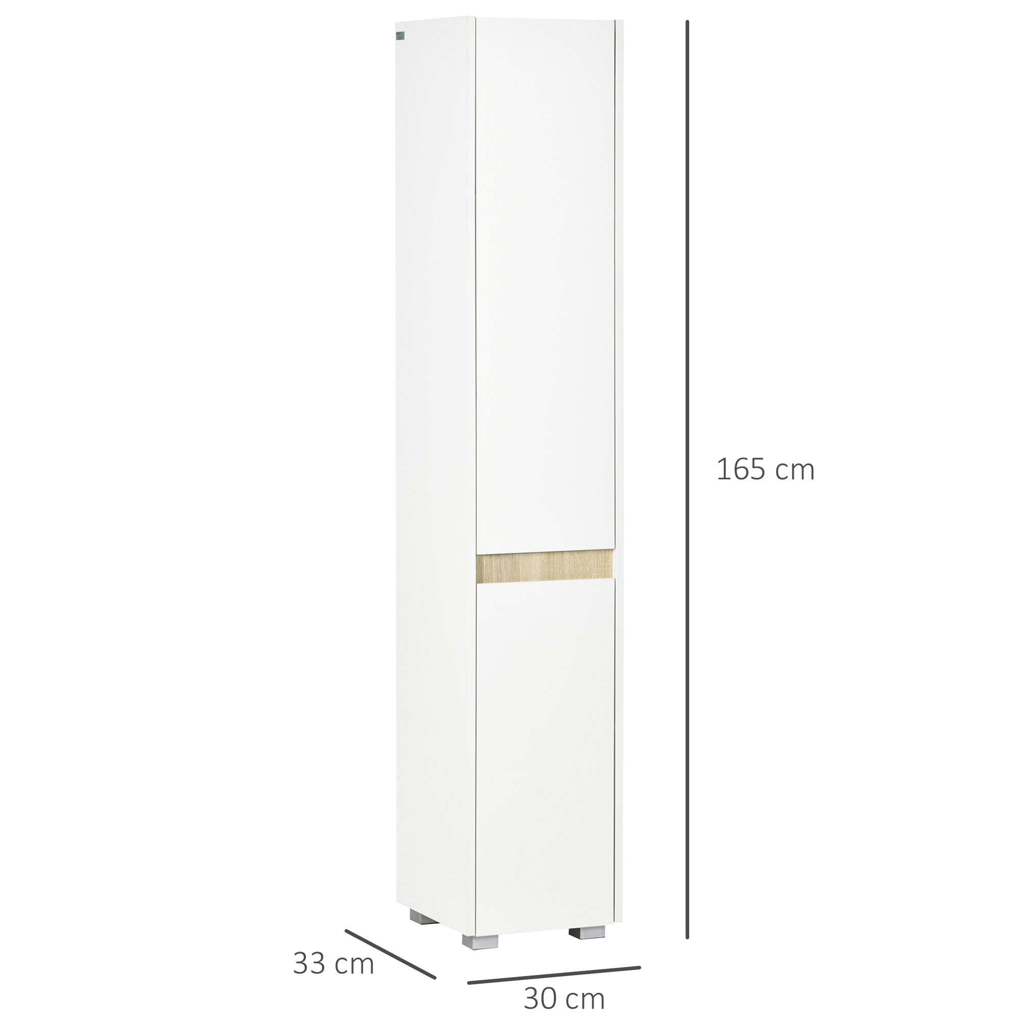 Un armario alto y estrecho blanco con acento de madera. Dimensiones mostradas.