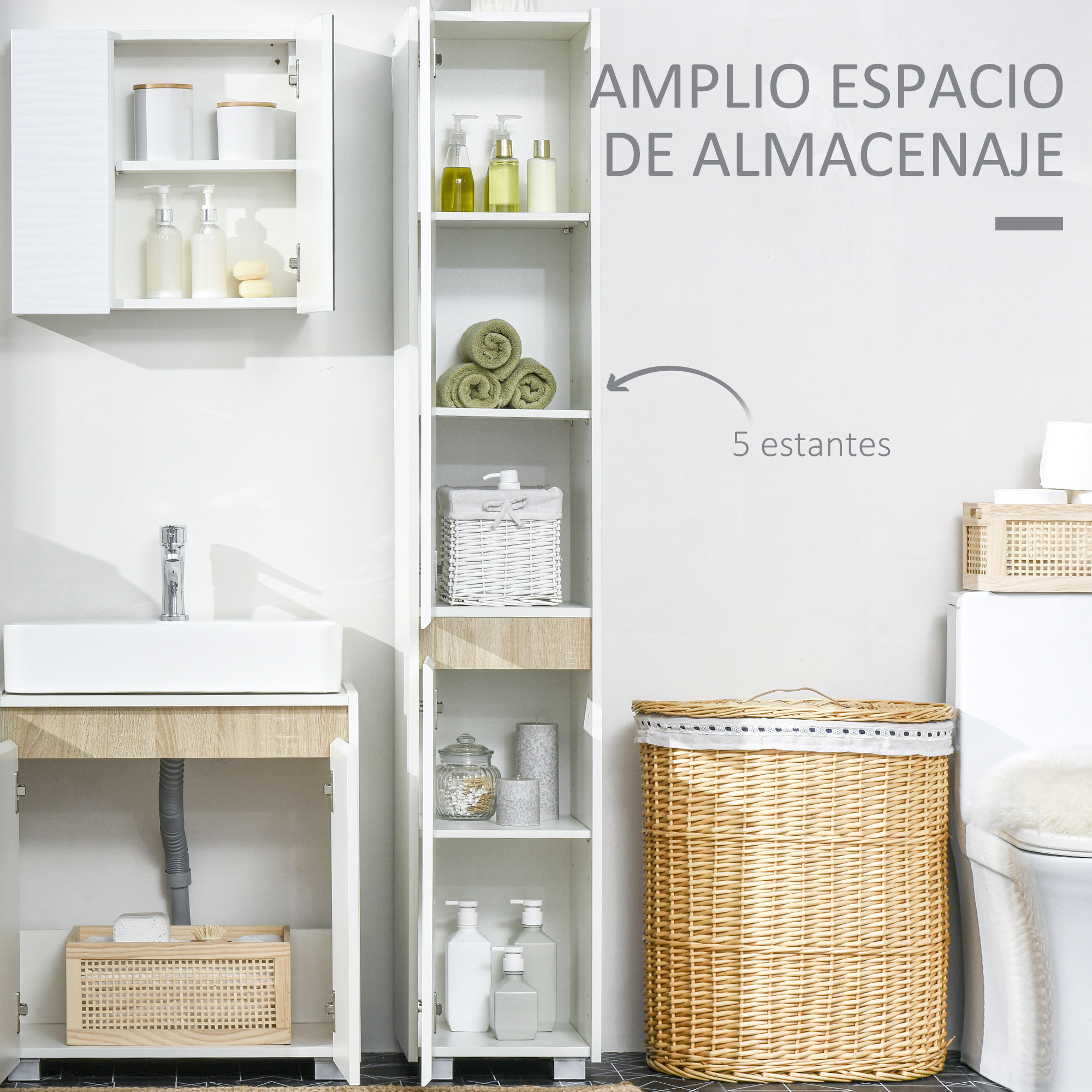Un esbelto sistema de armario de baño blanco con lavabo, estantes llenos y cesto de ropa.