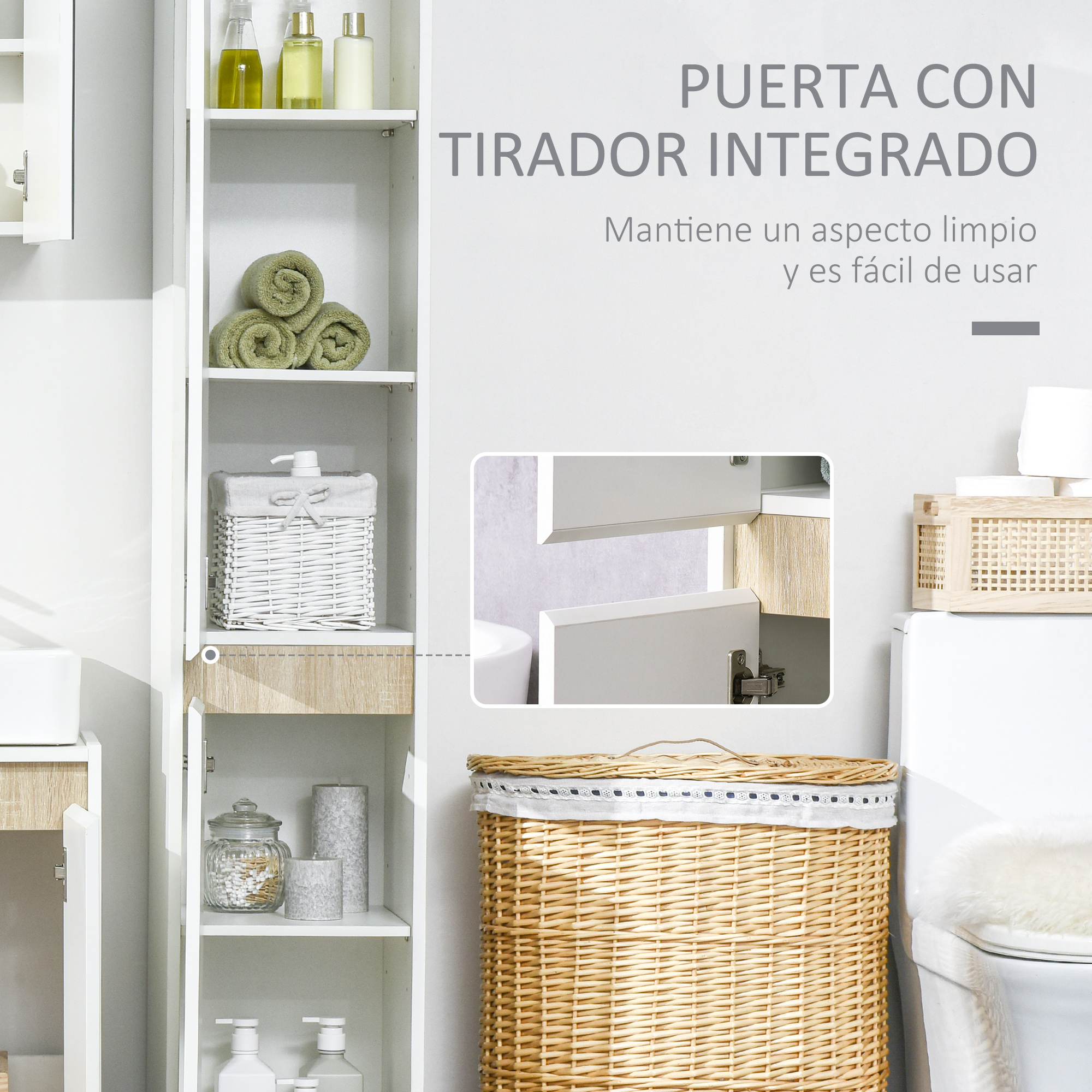 Un armario blanco alto con estantes abiertos y cerrados, lleno de toallas y recipientes.