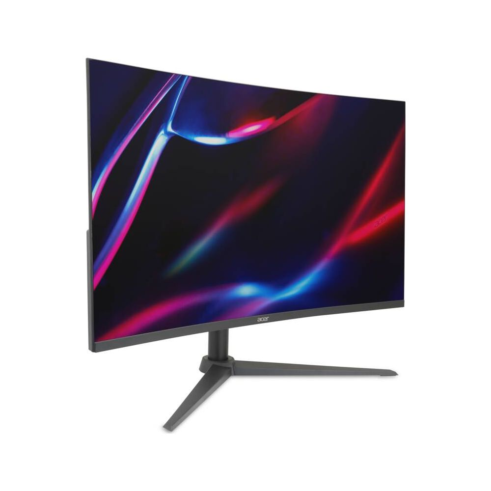 Zakrzywiony monitor z abstrakcyjnym, kolorowym tłem.