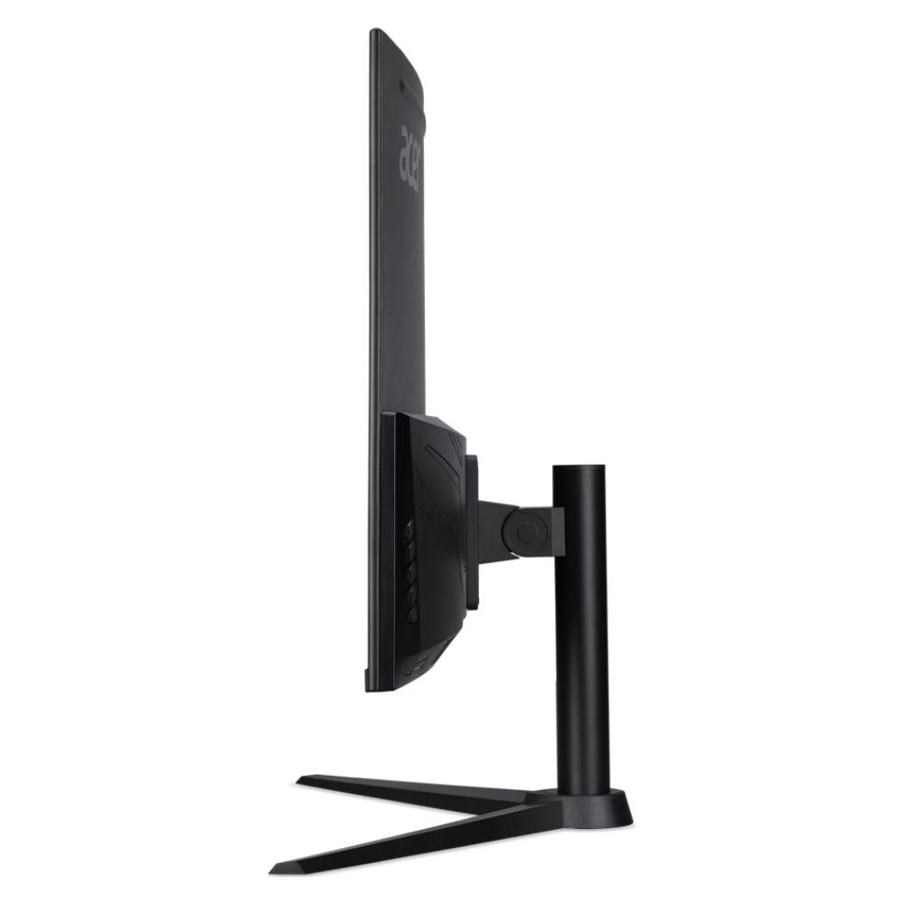 Czarny monitor o smukłym profilu, stojaku i podstawie na białym tle.