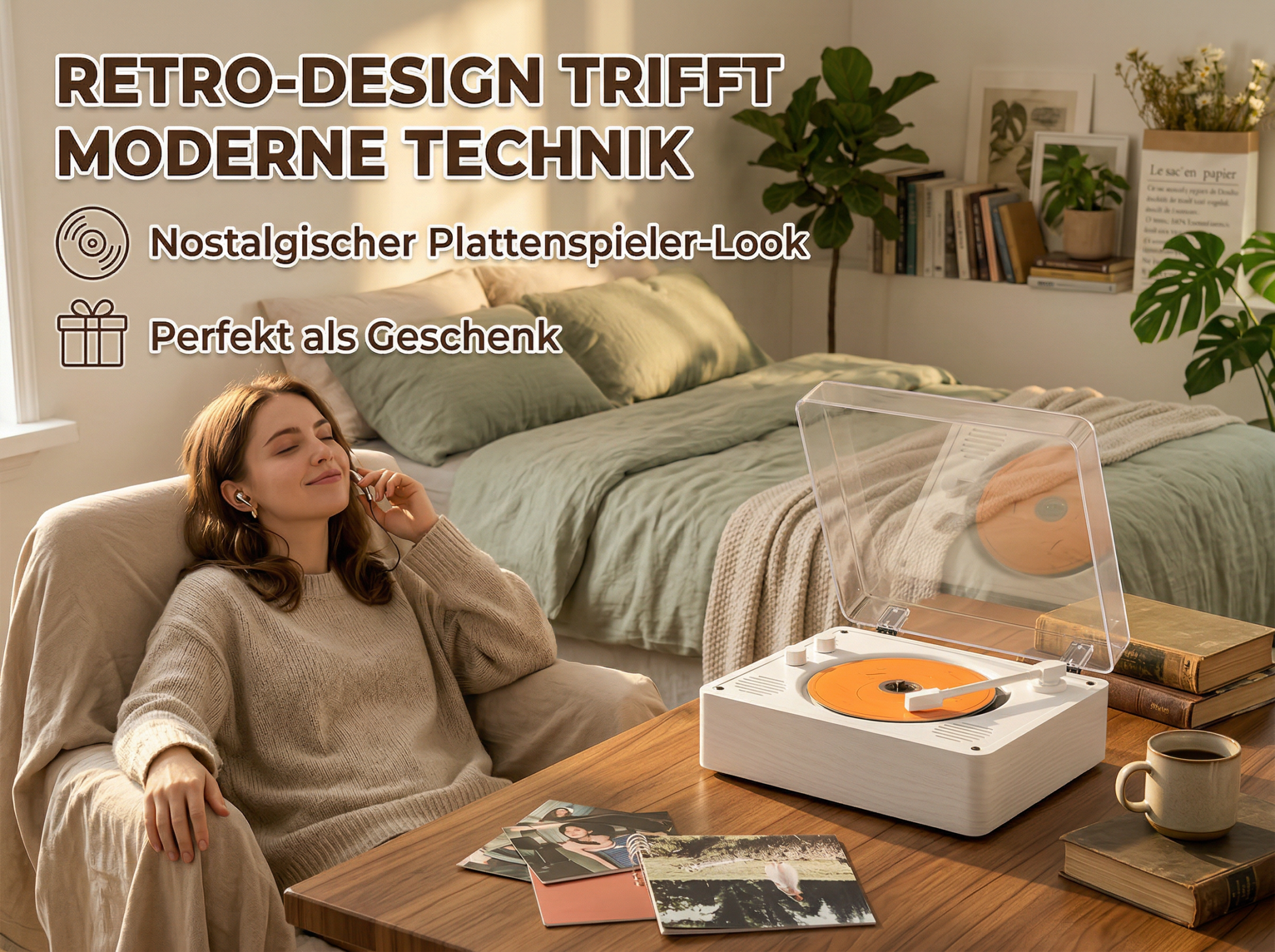 Eine Frau hört Musik auf einem Plattenspieler in einem gemütlichen Schlafzimmer.