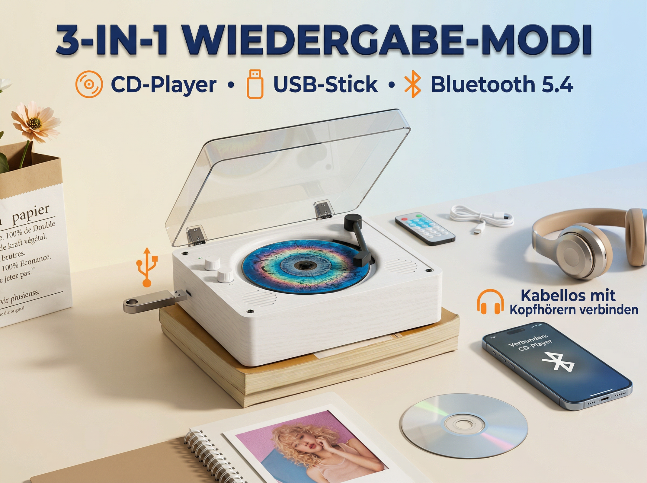 Ein weißer Plattenspieler mit CD-Slot, USB und Bluetooth-Symbolen.
